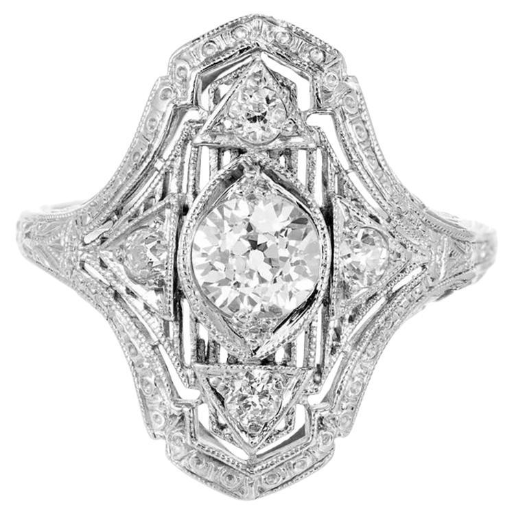 Anello da cocktail in platino con diamante antico europeo certificato EGL da 0,51 carati in vendita