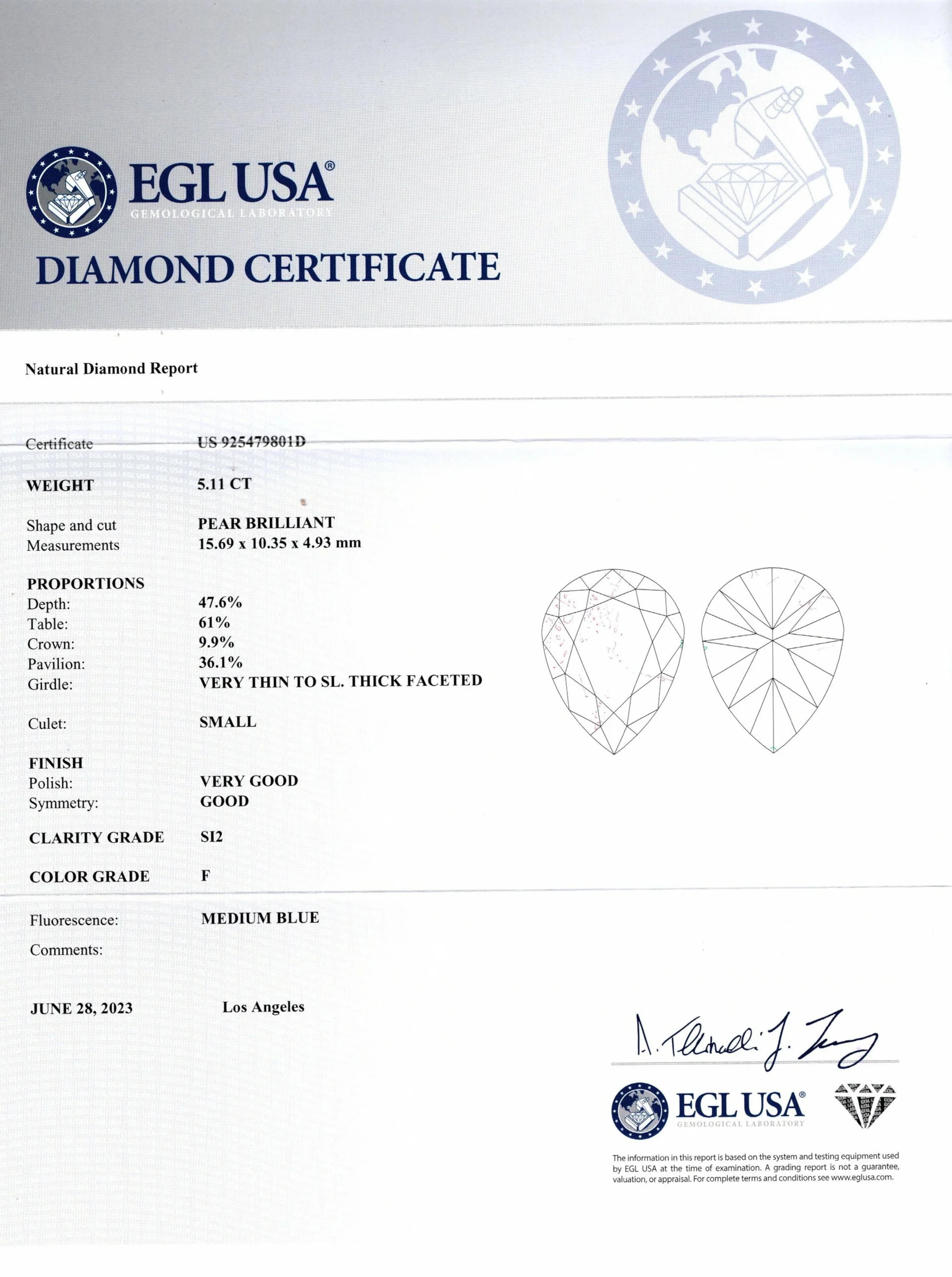 EGL Certified 5.11 Carat Pear Cut Diamond Ring In New Condition For Sale In Chicago, IL