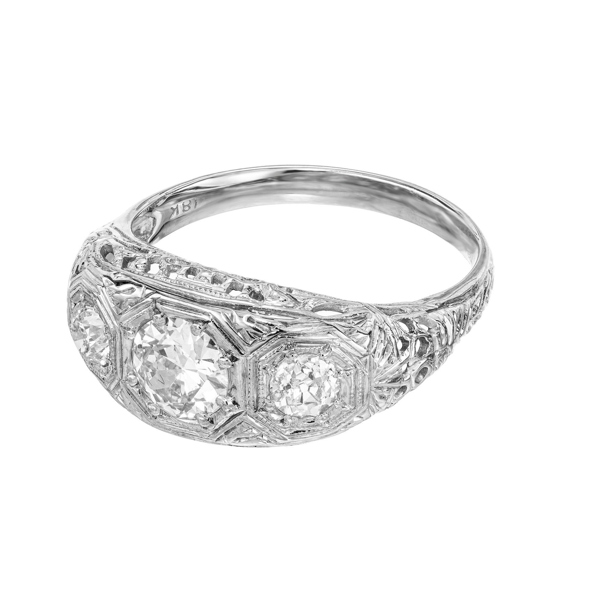 Old European Cut EGL Certified .52 Carat Diamond White Gold Three-Stone Engagement Ring  For Sale