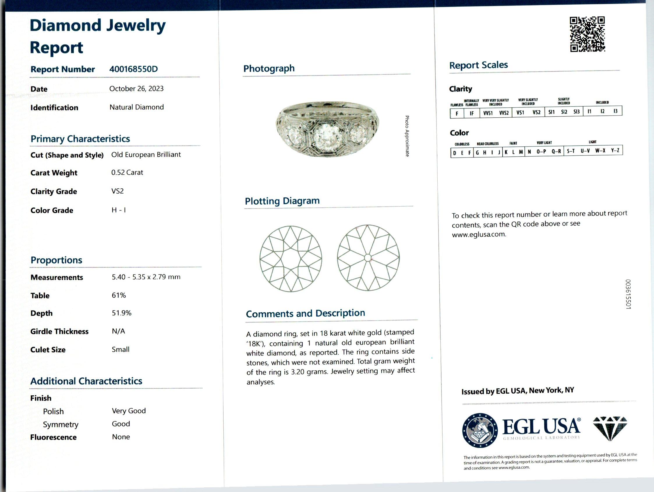 EGL Certified .52 Carat Diamond White Gold Three-Stone Engagement Ring  In Good Condition For Sale In Stamford, CT