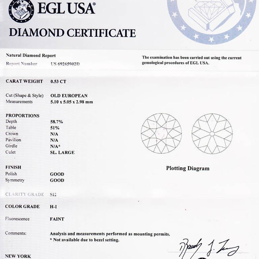 Old European Cut EGL Certified .53 Carat Old European Diamond Art Deco White Gold Engagement Ring For Sale