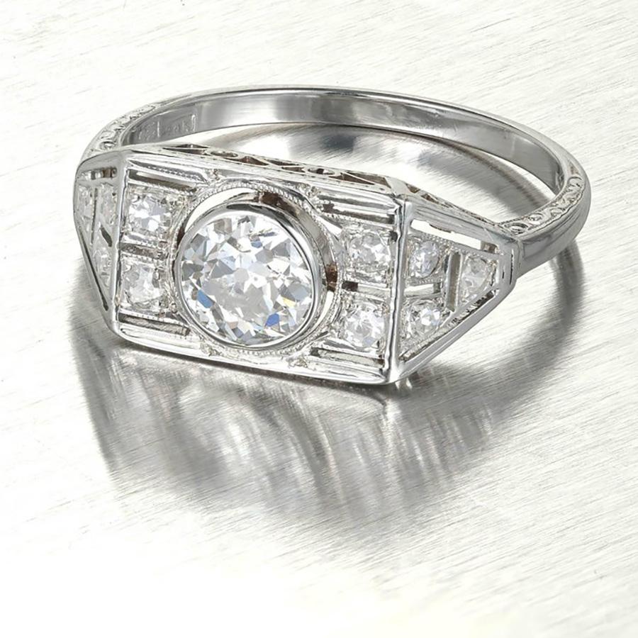 EGL Certified .53 Carat Old European Diamond Art Deco White Gold Engagement Ring In Good Condition For Sale In Stamford, CT