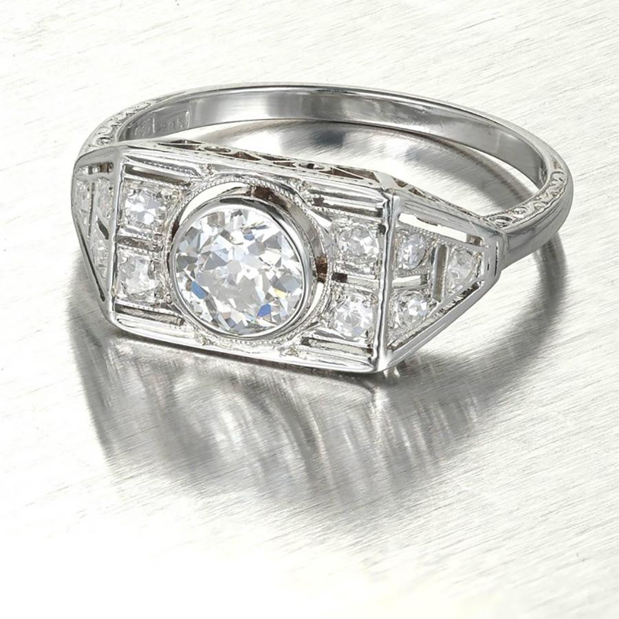 EGL Certified .53 Carat Old European Diamond Art Deco White Gold Engagement Ring In Good Condition For Sale In Stamford, CT