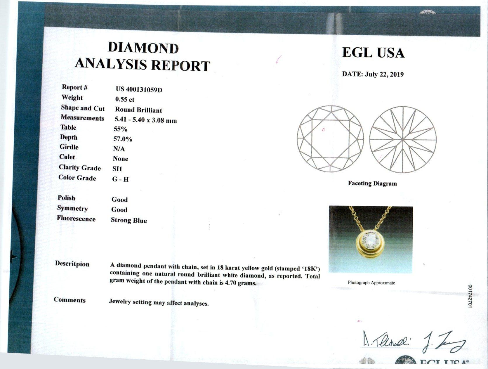 EGL Certified .55 Carat 18 Karat Yellow Gold Slide Pendant Necklace 2