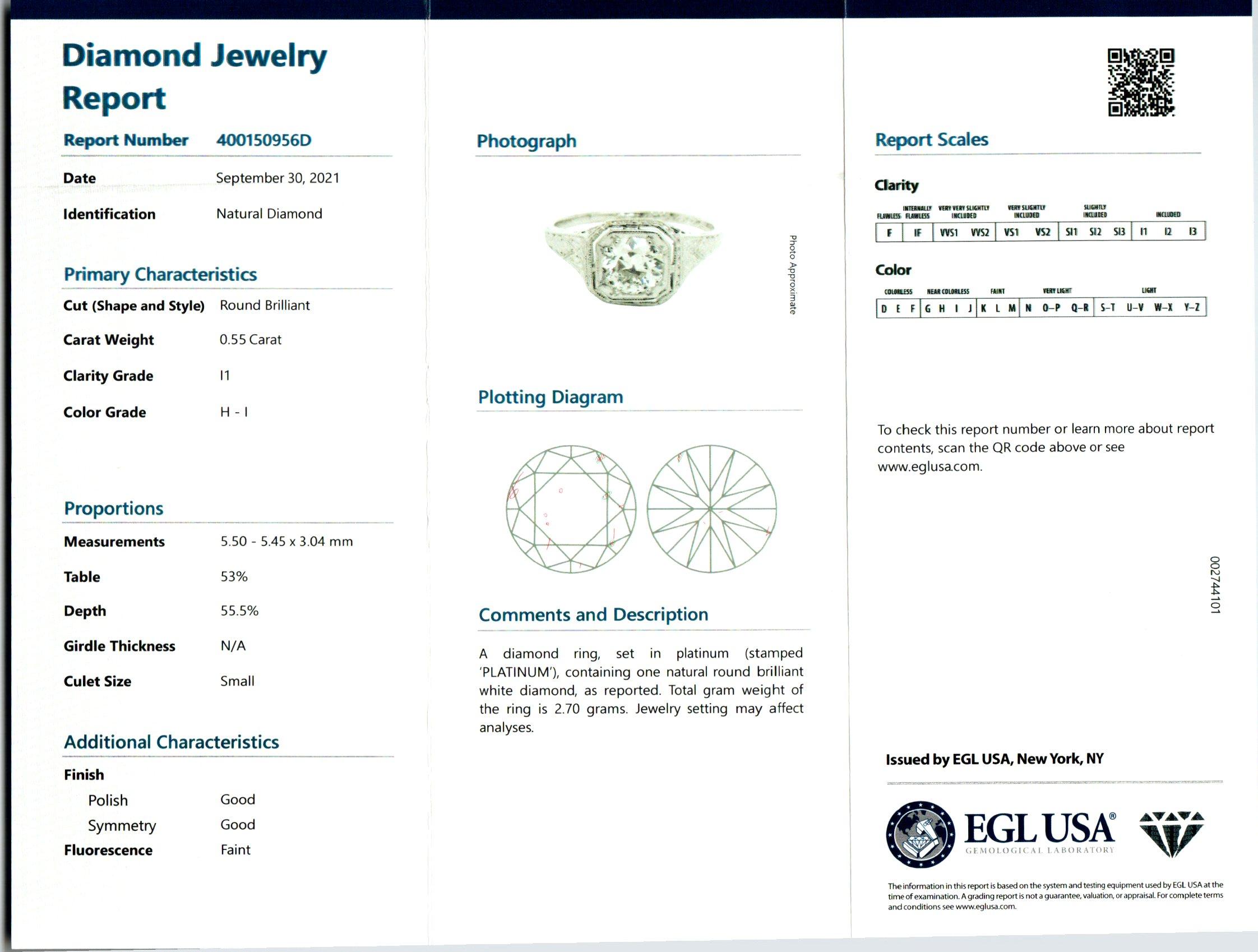 EGL-zertifizierter .55 Karat Diamant Edwardian Platin Verlobungsring im Zustand „Gut“ im Angebot in Stamford, CT