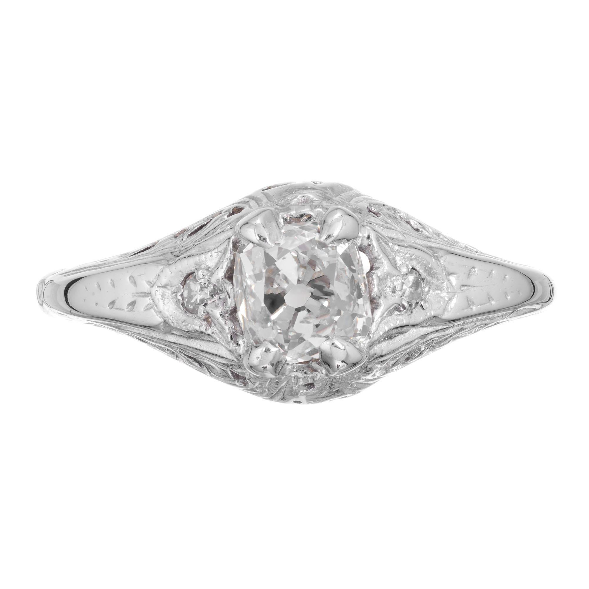 1930’s old mine cut diamond filigree engagement ring. EGL certified center stone with two single cut side diamonds in a 14k white gold setting. 

1 old mine cut diamond I-J SI2, approx. .55ct EGL Certificate # US 400136328D
2 single cut diamonds I