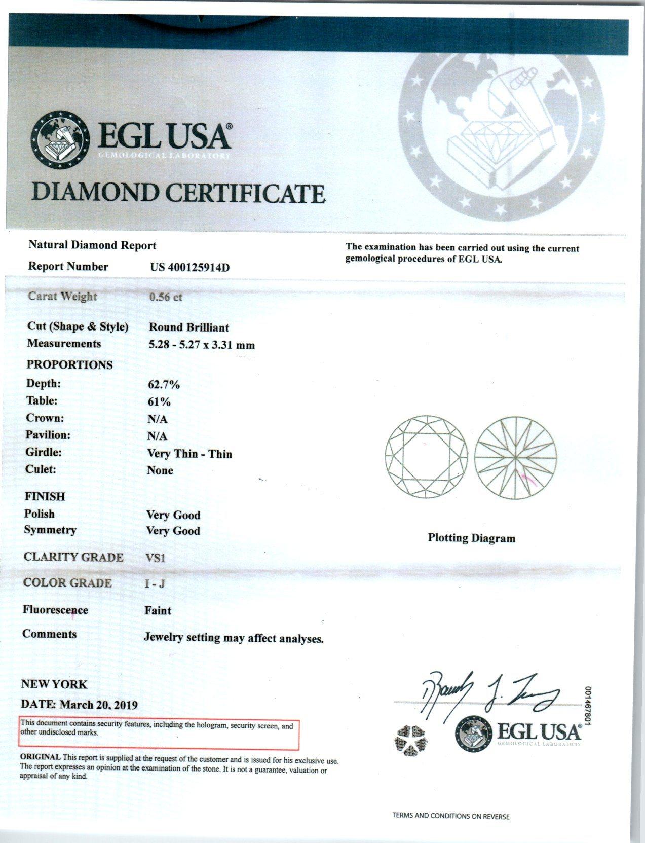 EGL Certified .56 Carat Diamond Platinum Engagement Ring For Sale 3