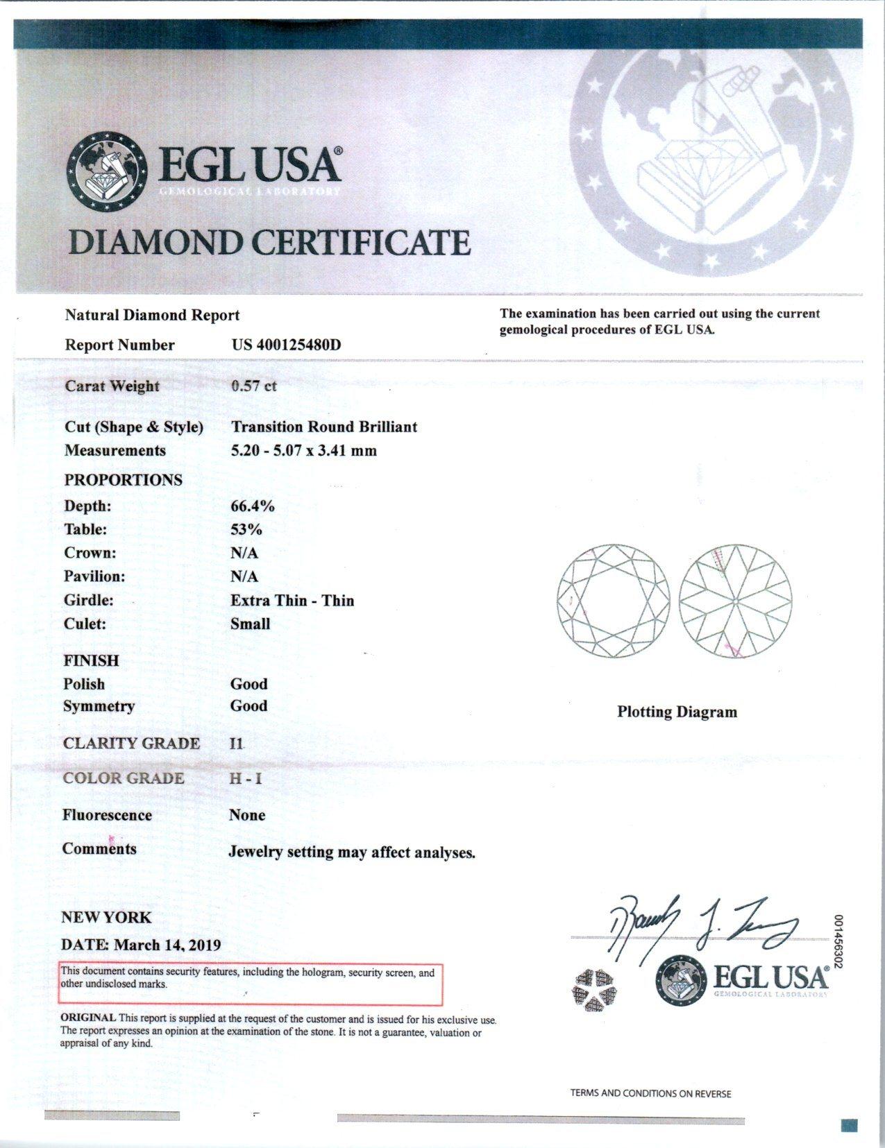Women's EGL Certified .57 Carat Diamond Platinum Engagement Ring For Sale