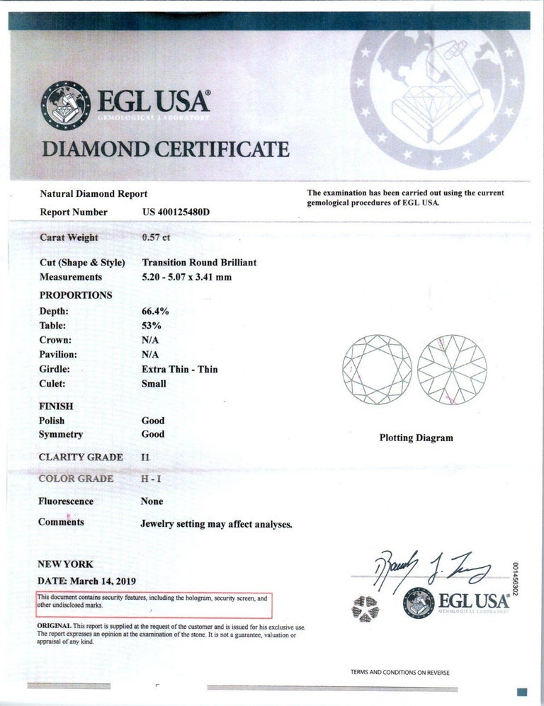 EGL Certified .57 Carat Diamond Platinum Engagement Ring For Sale at ...