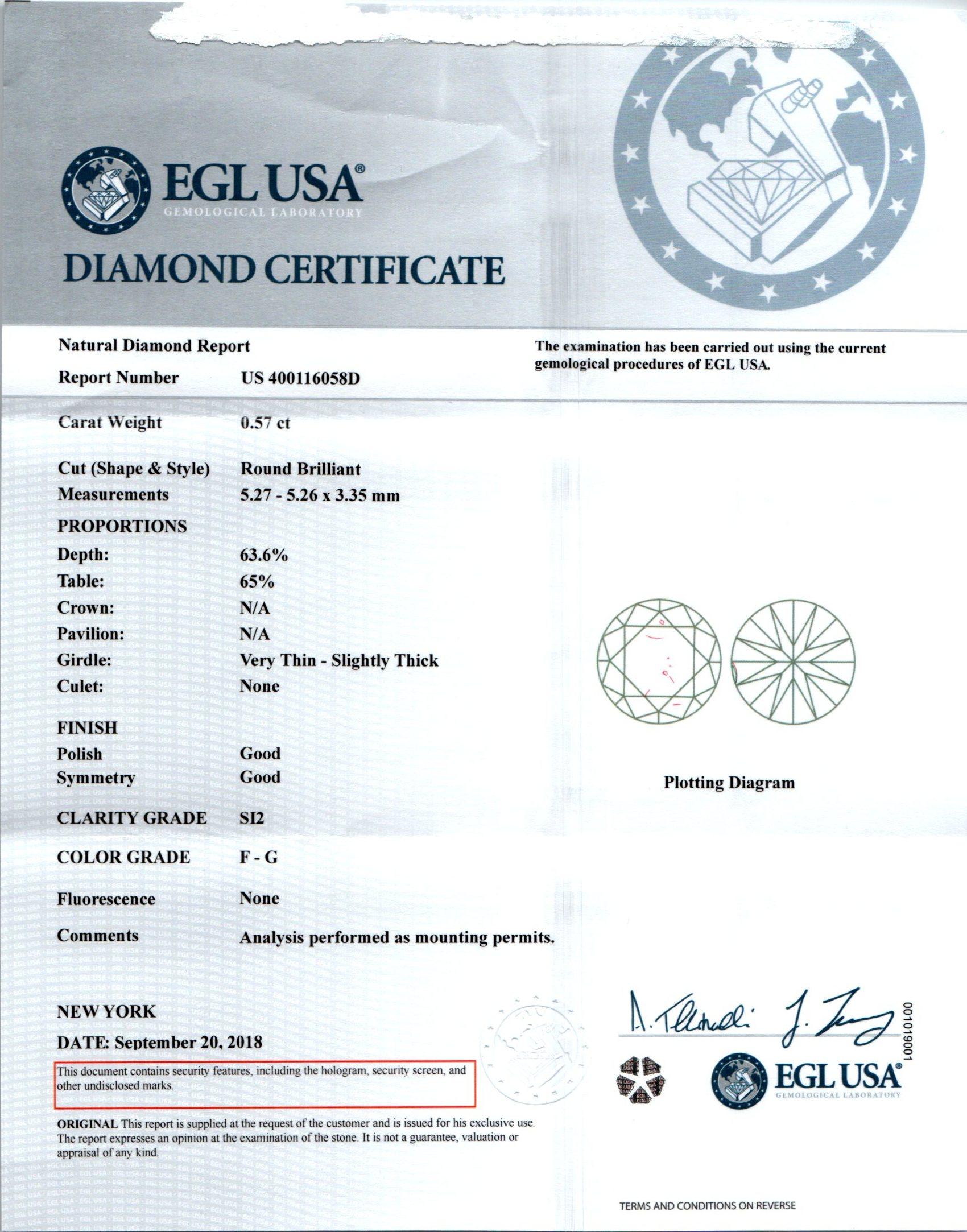 EGL Certified .57 Carat Diamond Yellow Gold Engagement Ring 1