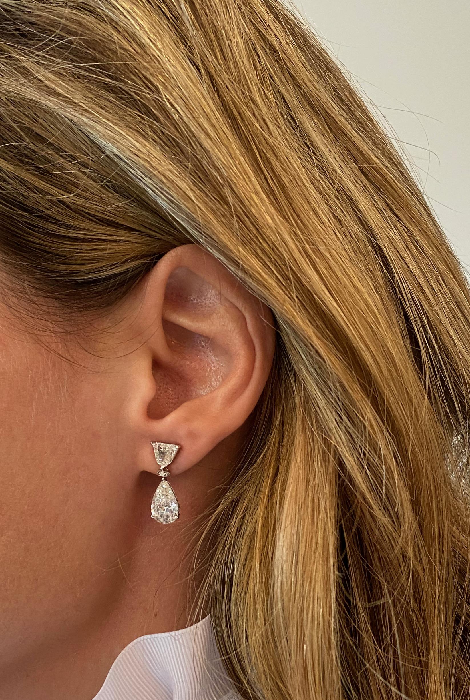 Modern EGL Certified 5.99 Carat Pear and Shield Diamond Drop Earrings in Platinum For Sale