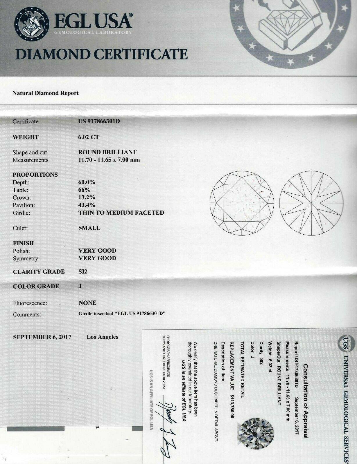 EGL Certified 6.02 Carat Round Brilliant Cut Diamond J, SI2 In New Condition In Los Angeles, CA