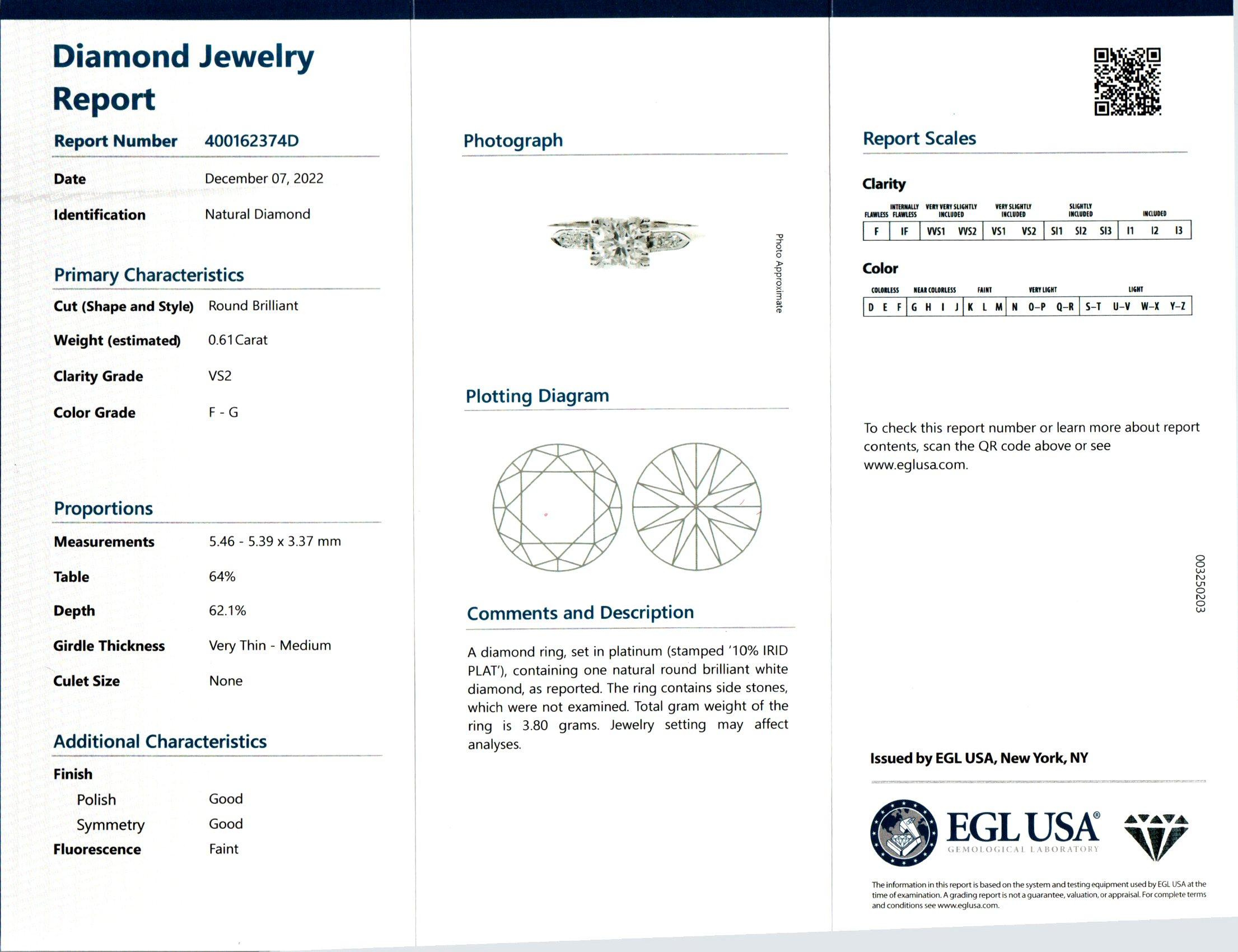 Round Cut EGL Certified .61 Carat Round Diamond Platinum Three-Stone Engagement Ring  For Sale