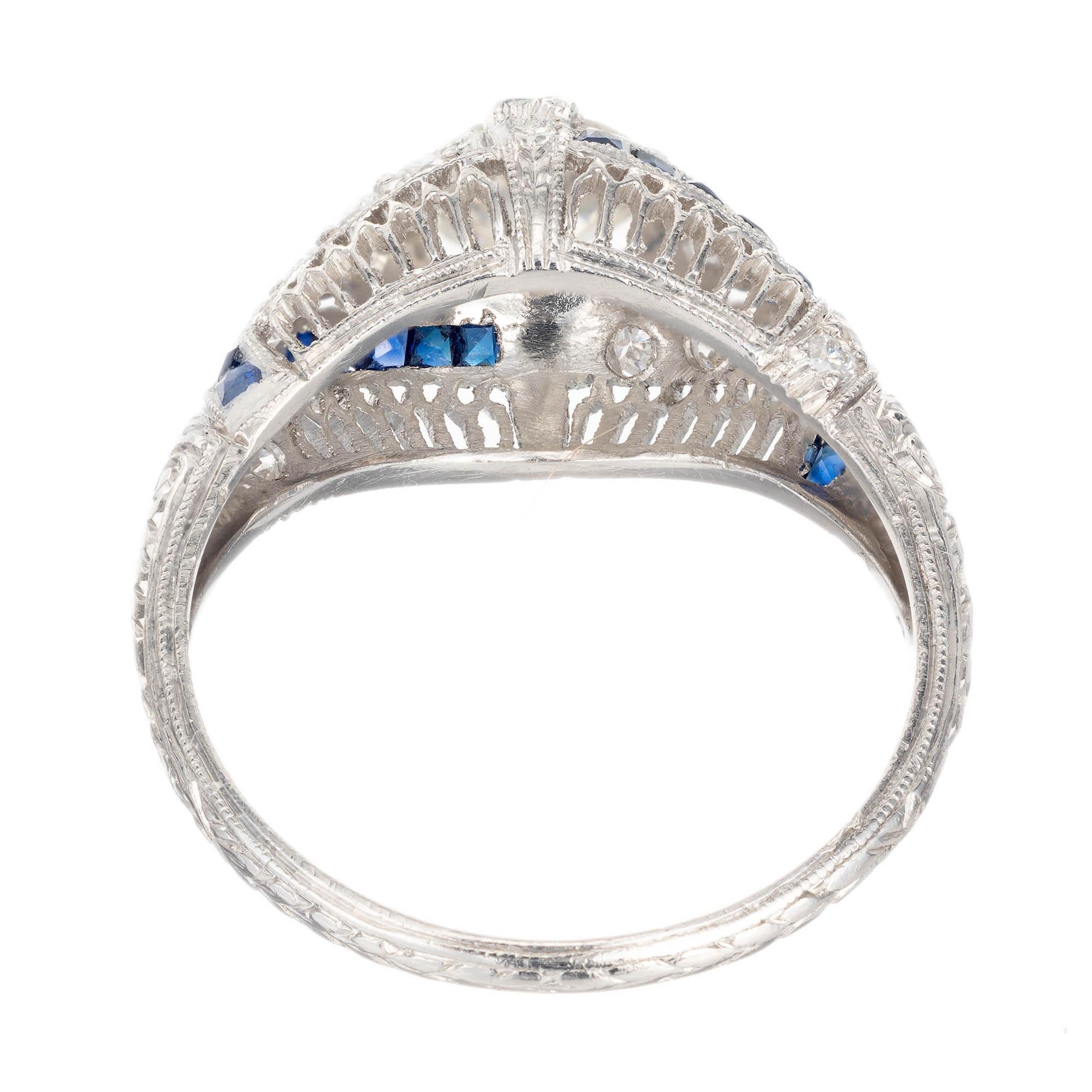 Women's EGL Certified .61 Diamond Sapphire Platinum Art Deco Dome Engagement Ring