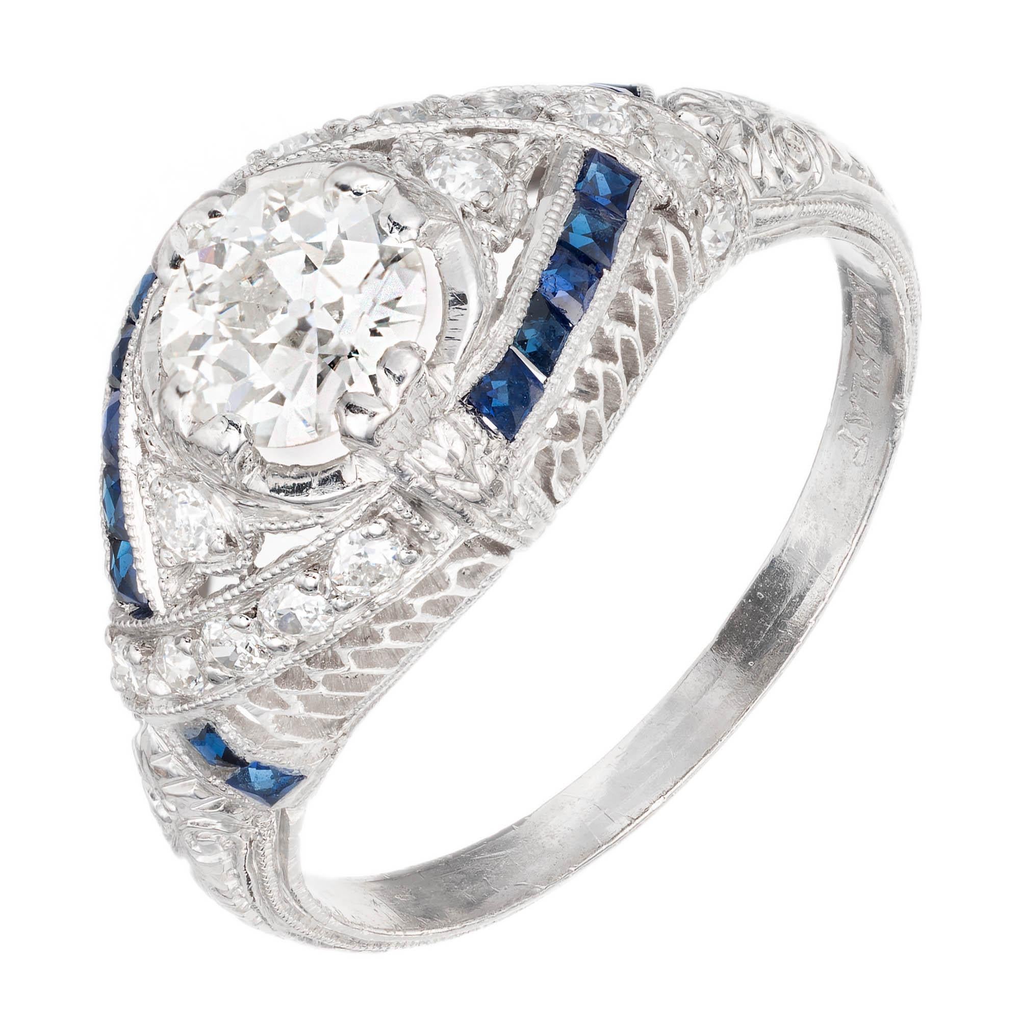 EGL Certified .61 Diamond Sapphire Platinum Art Deco Dome Engagement Ring