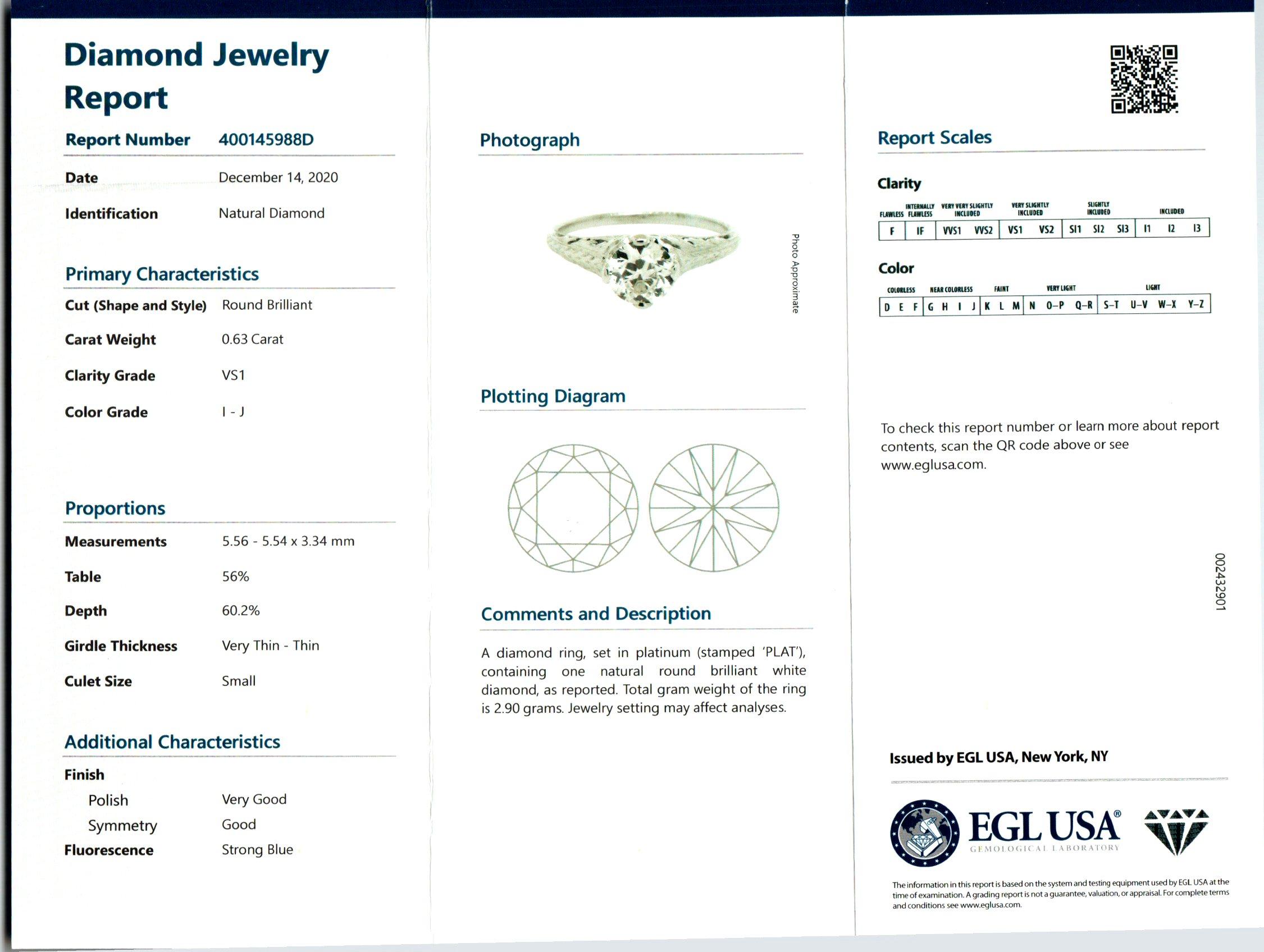 Round Cut EGL Certified .63 Carat Diamond Platinum Art Deco Engagement Ring For Sale