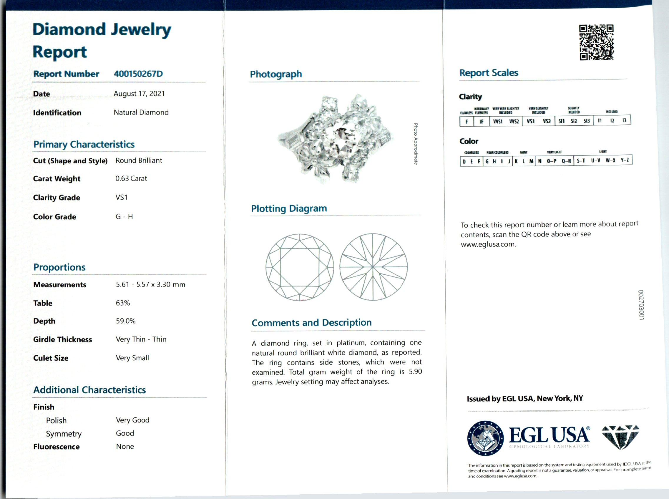 Verlobungsring mit EGL-zertifiziertem 0,63 Karat Diamant in Platin im Zustand „Gut“ im Angebot in Stamford, CT
