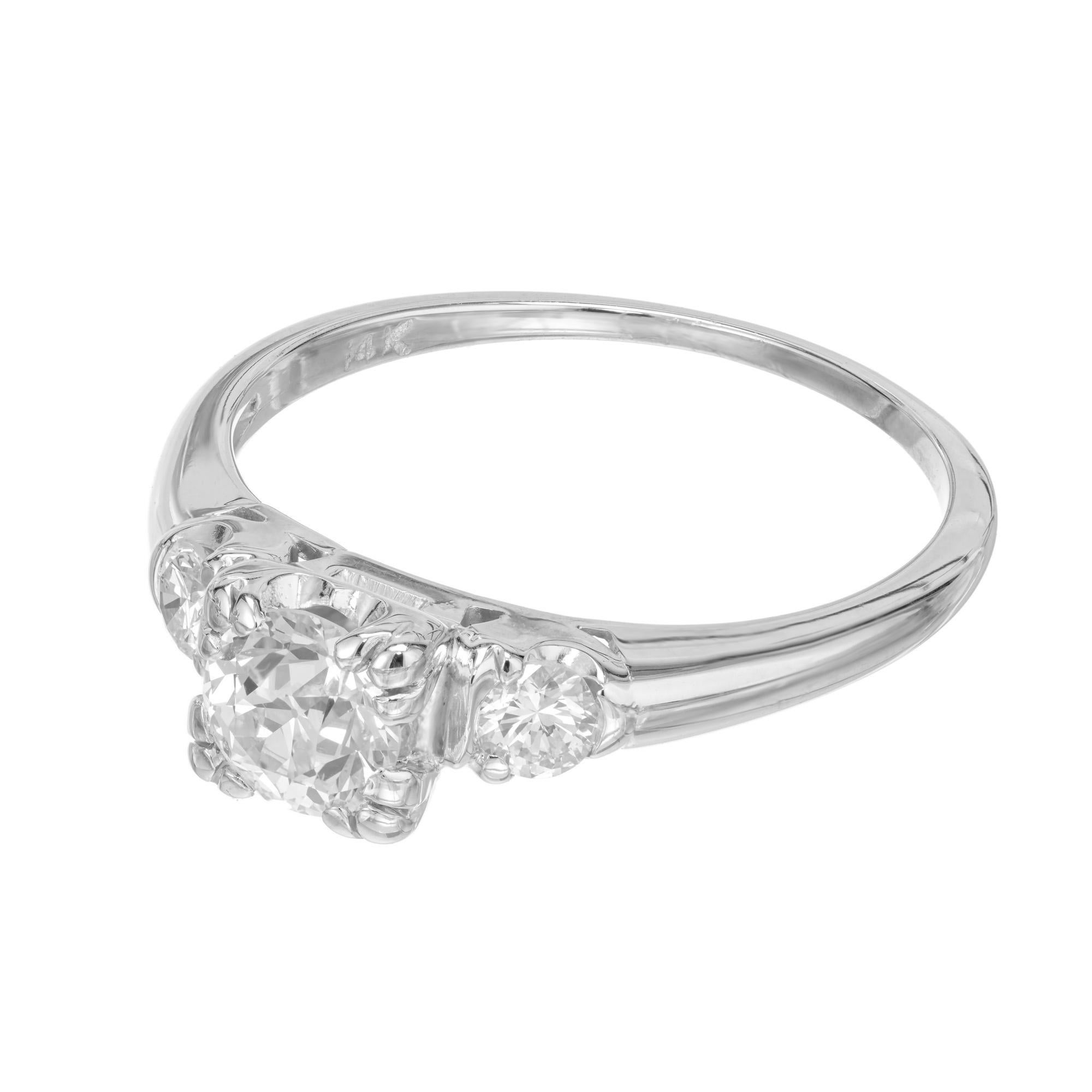 Old European Cut EGL Certified .64 Carat Diamond White Gold Three-Stone Engagement Ring For Sale