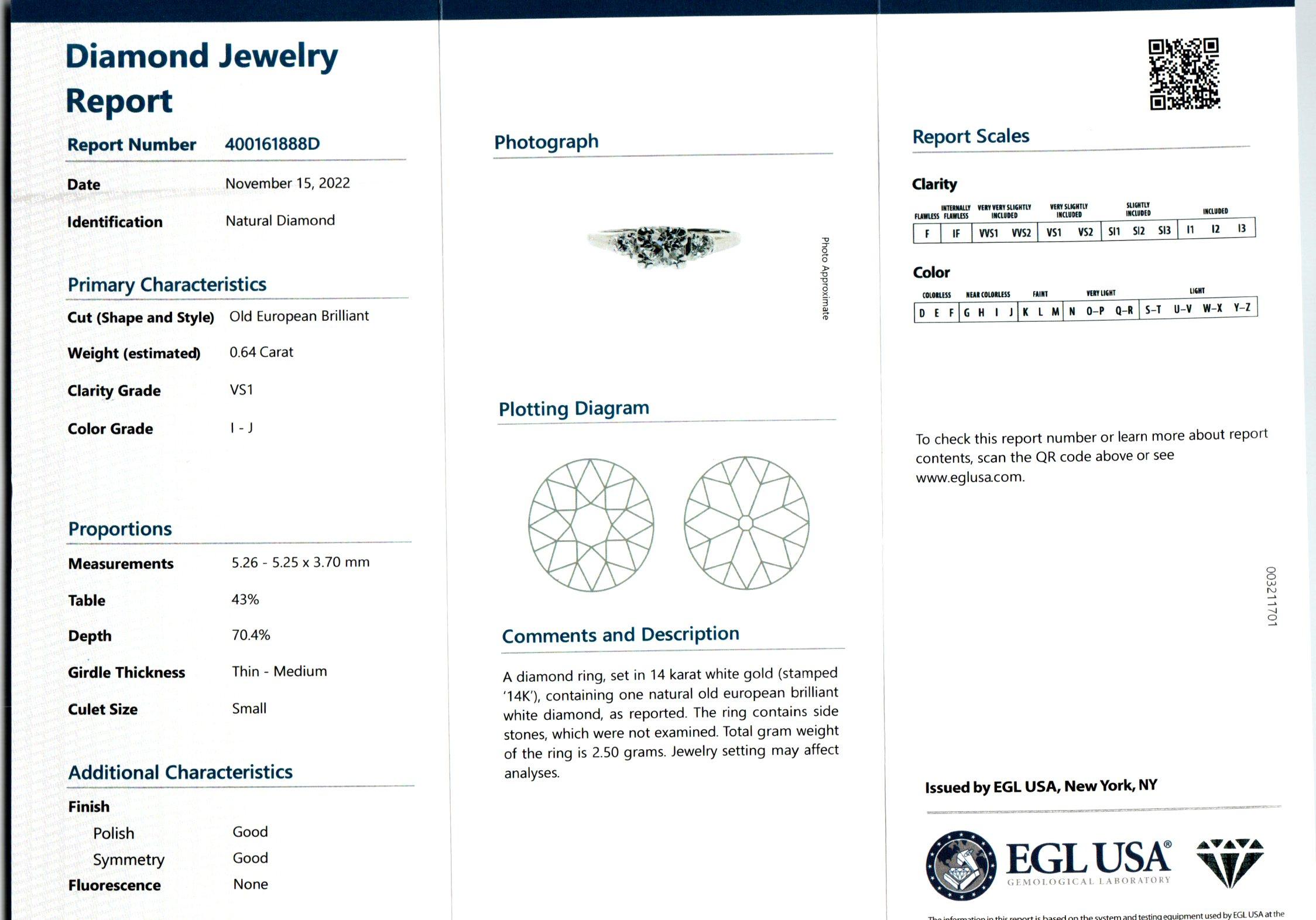 EGL Certified .64 Carat Diamond White Gold Three-Stone Engagement Ring In Good Condition For Sale In Stamford, CT
