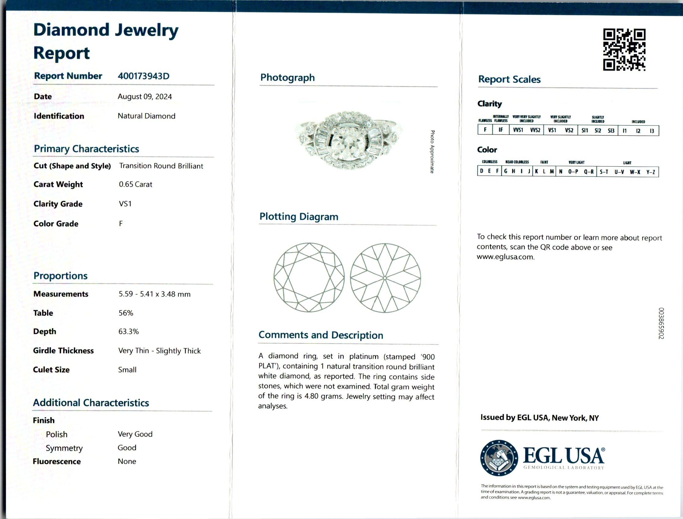 EGL Certified .65 Carat Old European Diamond Platinum Engagement Ring In Excellent Condition For Sale In Stamford, CT