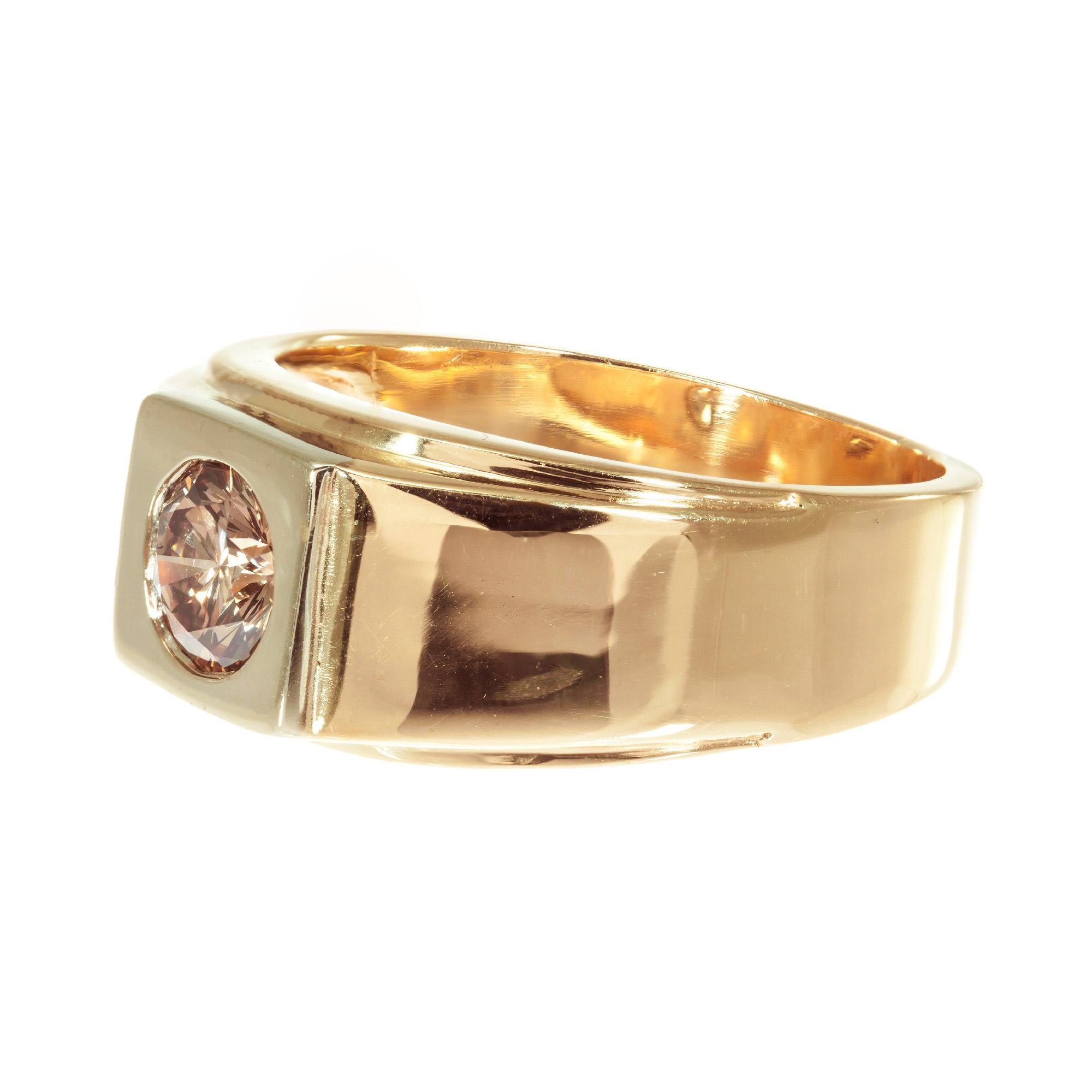 Round Cut EGL Certified .65 Carat Orange Brown Diamond Yellow Gold Unisex Band Ring For Sale