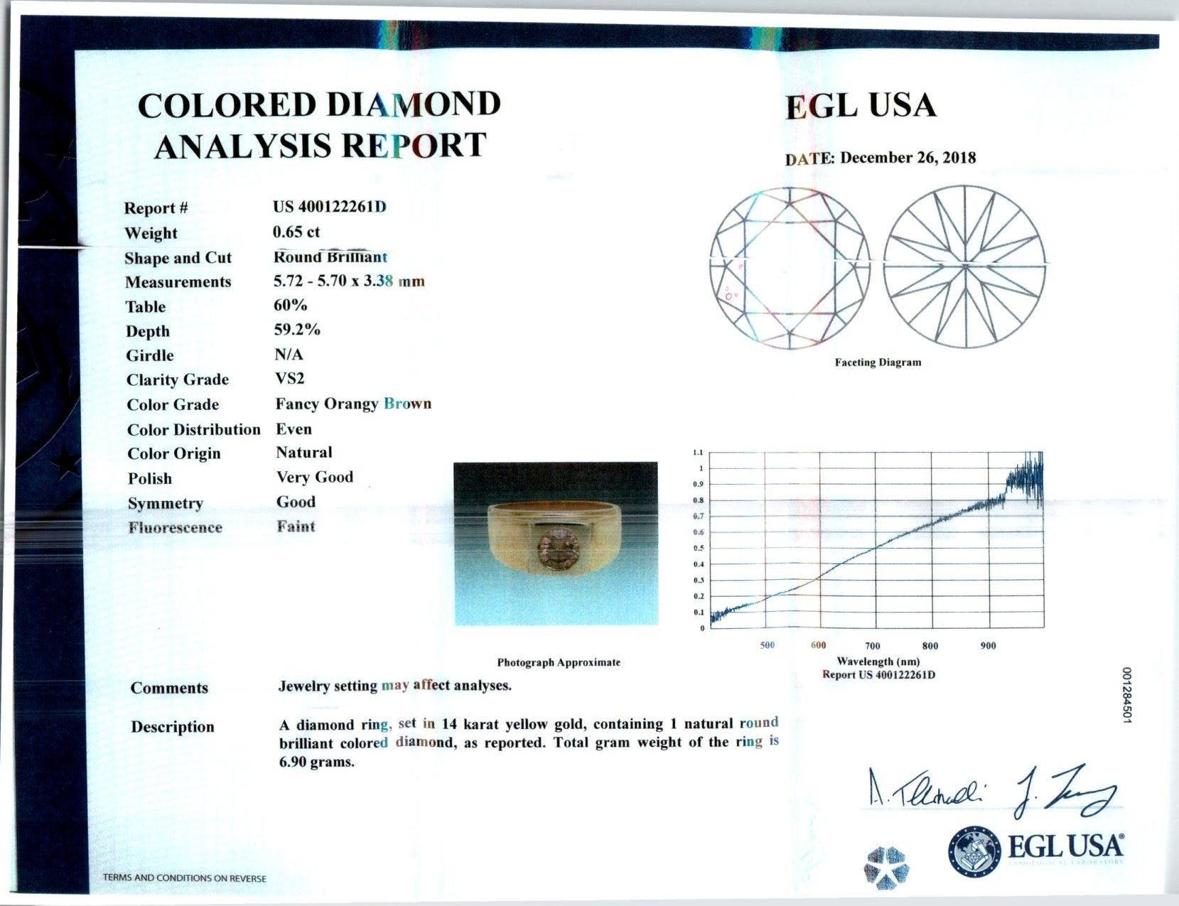 EGL Certified .65 Carat Orange Brown Diamond Yellow Gold Unisex Band Ring For Sale 3