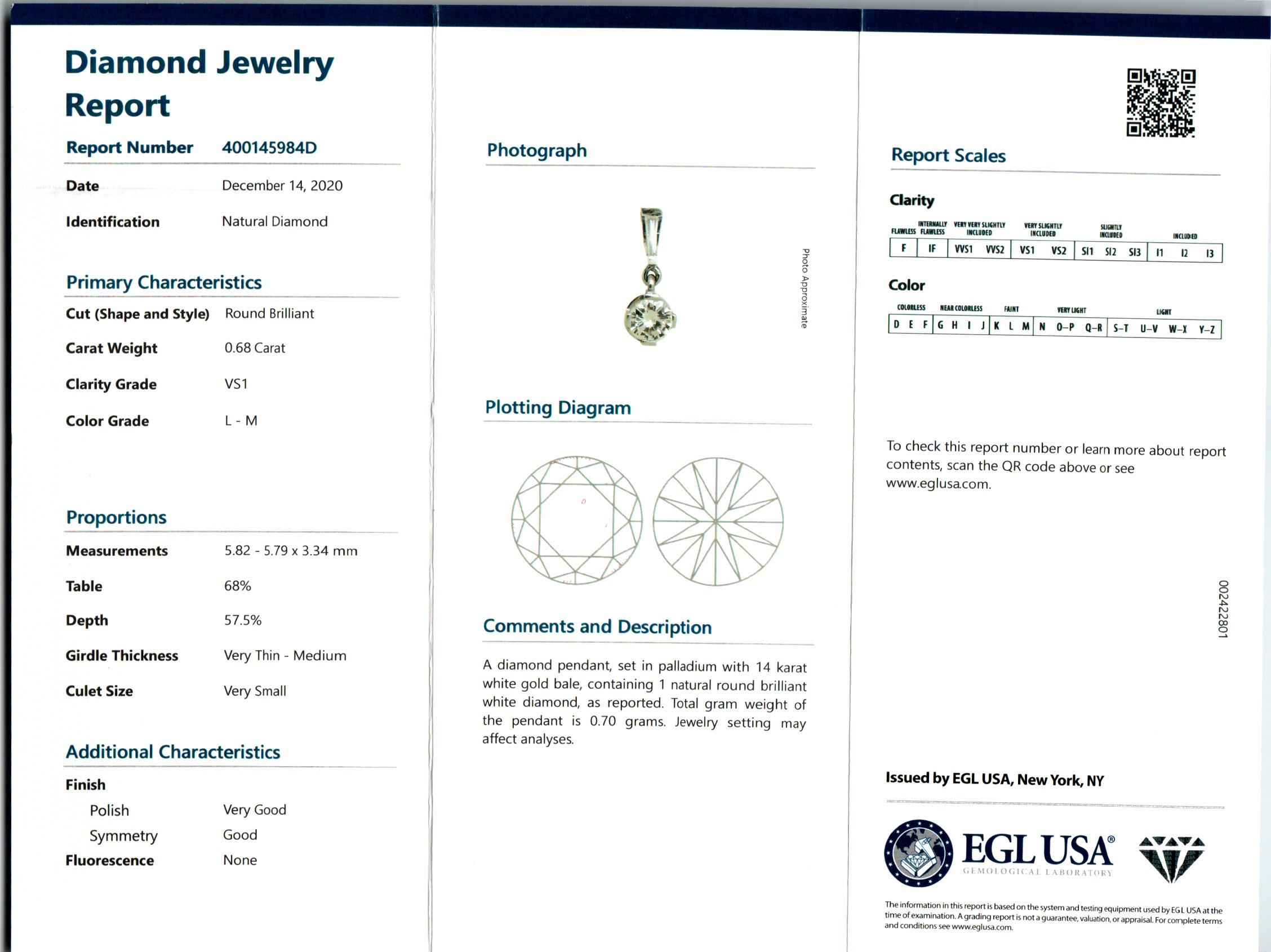 EGL Certified .68 Carat Diamond Platinum Pendant Necklace 1