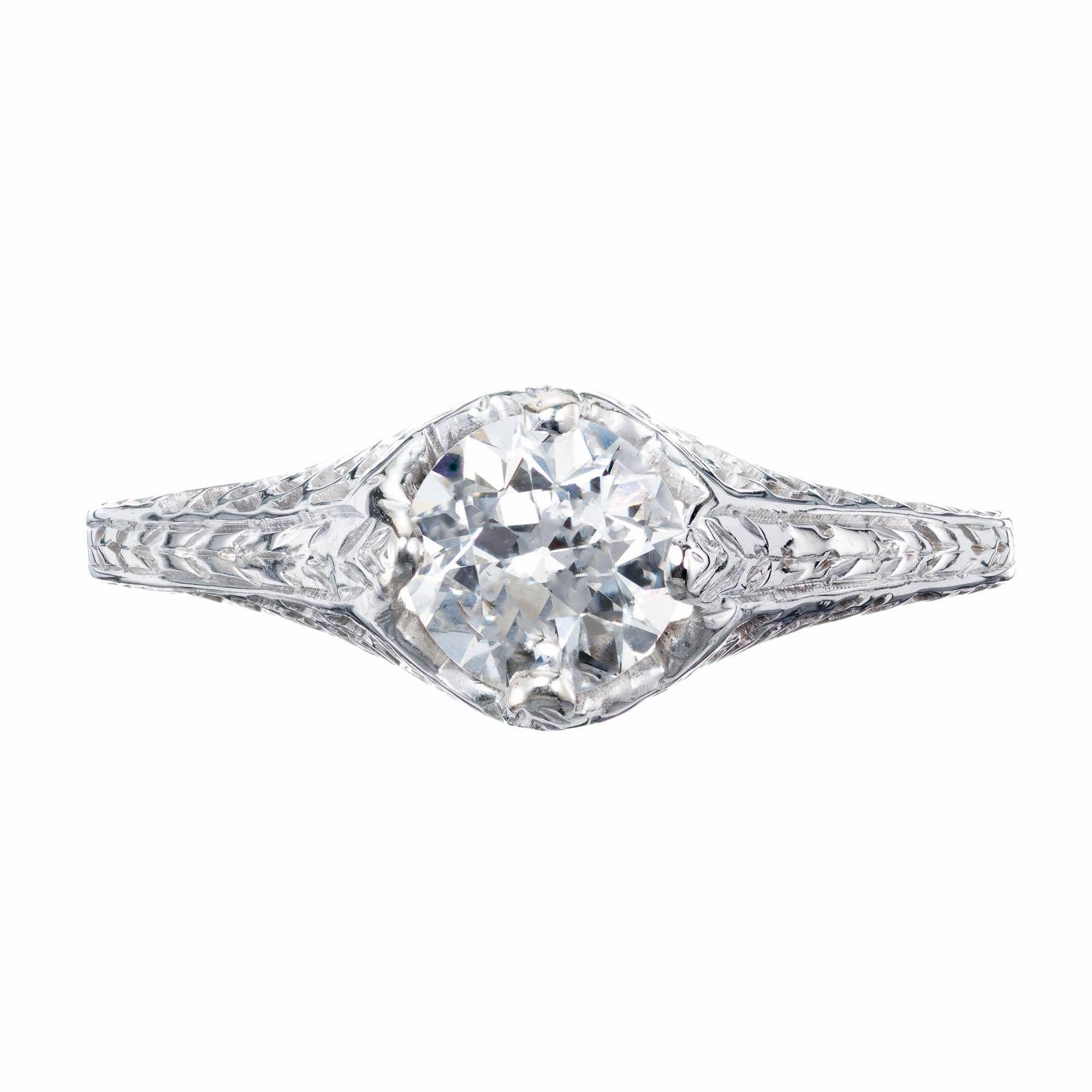 Art Deco Old European cut .70 carat EGL Certified diamond engagement ring in 18k white gold filigree setting. 

1 old European cut diamond I-J SI, approx. .70ct EGL Certificate # 400132567D
Size 7 and sizable 
18k white gold
Stamped: 18k
2.2