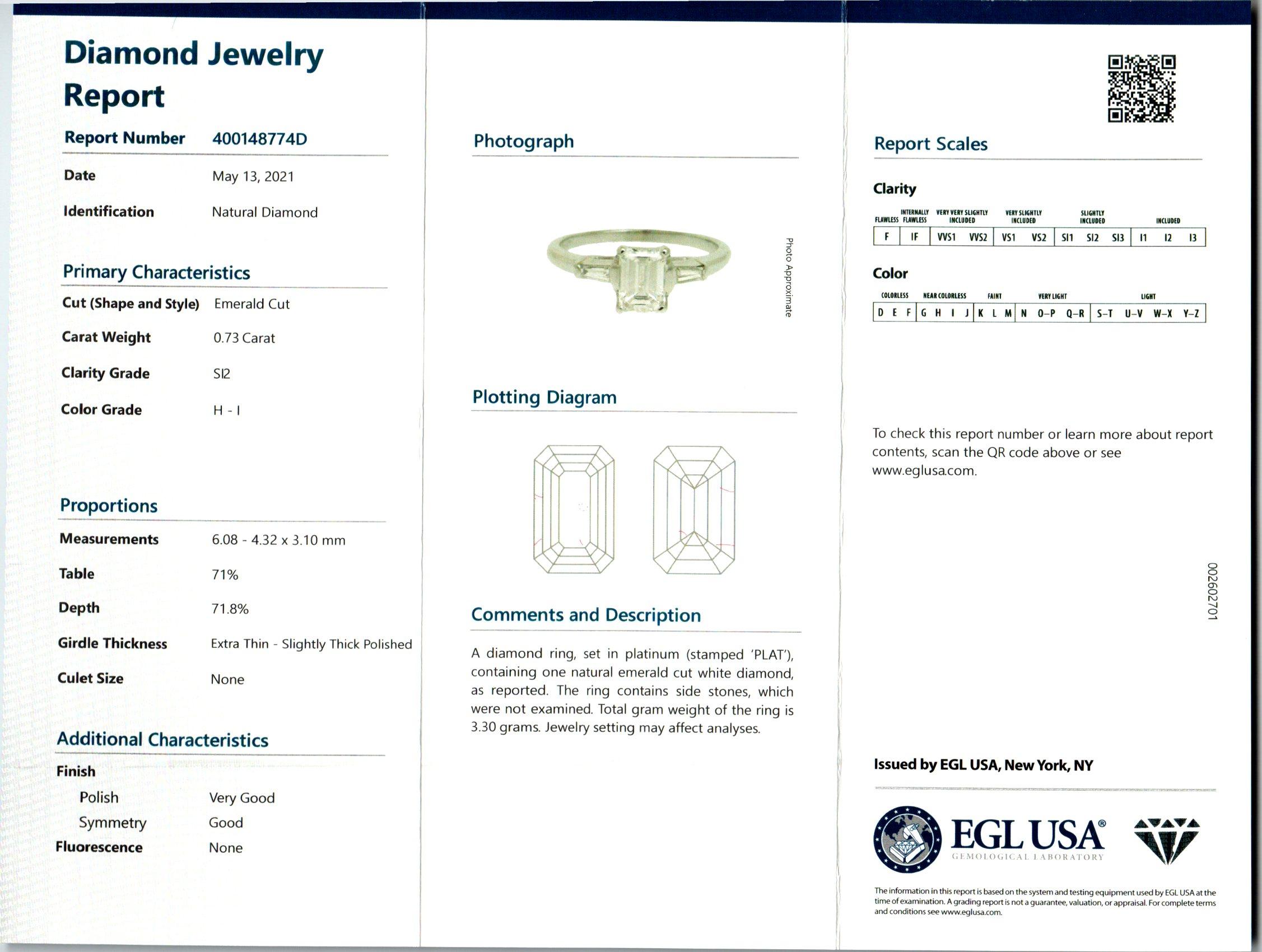 Emerald Cut EGL Certified .73 Carat Diamond Platinum Three-Stone Engagement Ring For Sale