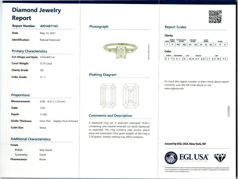 Emerald Cut EGL Certified .73 Carat Diamond Platinum Three-Stone Engagement Ring For Sale