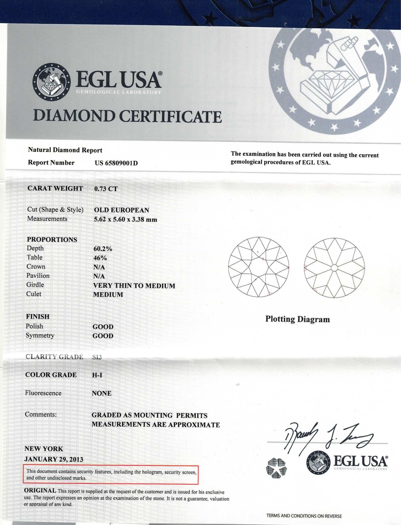 EGL-zertifizierter Platin-Verlobungsring mit73 Karat alteuropäischem Diamant im Art déco-Stil, Art déco-Stil im Zustand „Gut“ im Angebot in Stamford, CT