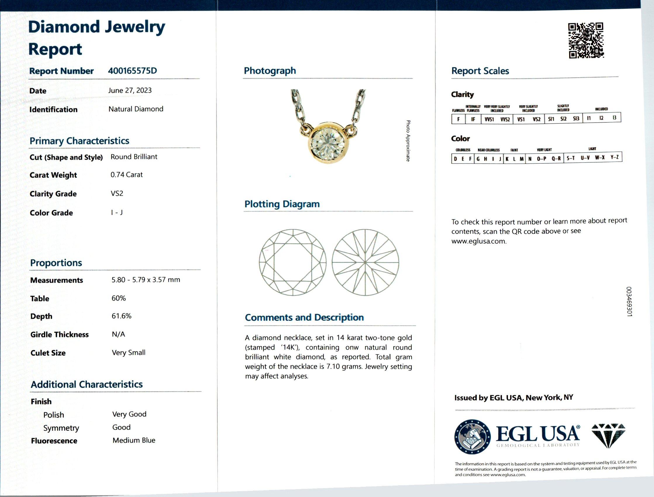 EGL Certified .74 Carat Diamond Two Tone Gold Solitaire Pendant Necklace  In Good Condition For Sale In Stamford, CT