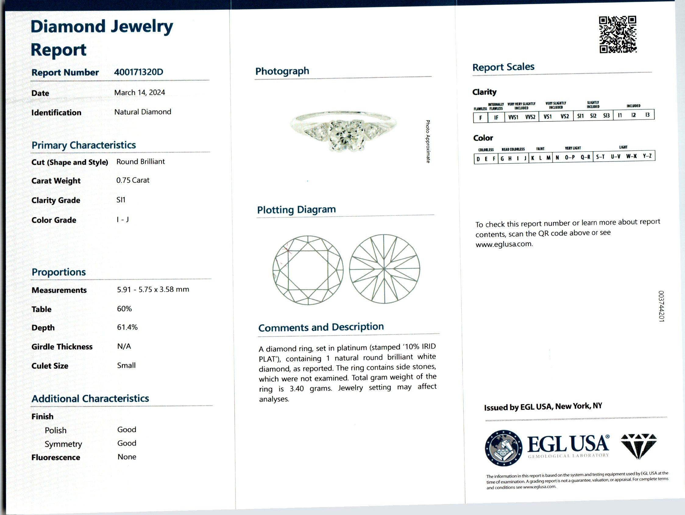 Platin-Verlobungsring, EGL-zertifizierter .75 Karat Diamant mit drei Steinen  im Zustand „Gut“ im Angebot in Stamford, CT