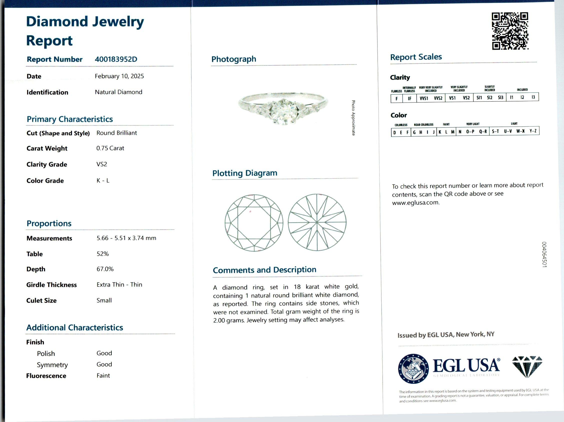 EGL Certified .75 Carat Diamond White Gold Engagement Ring In Good Condition For Sale In Stamford, CT