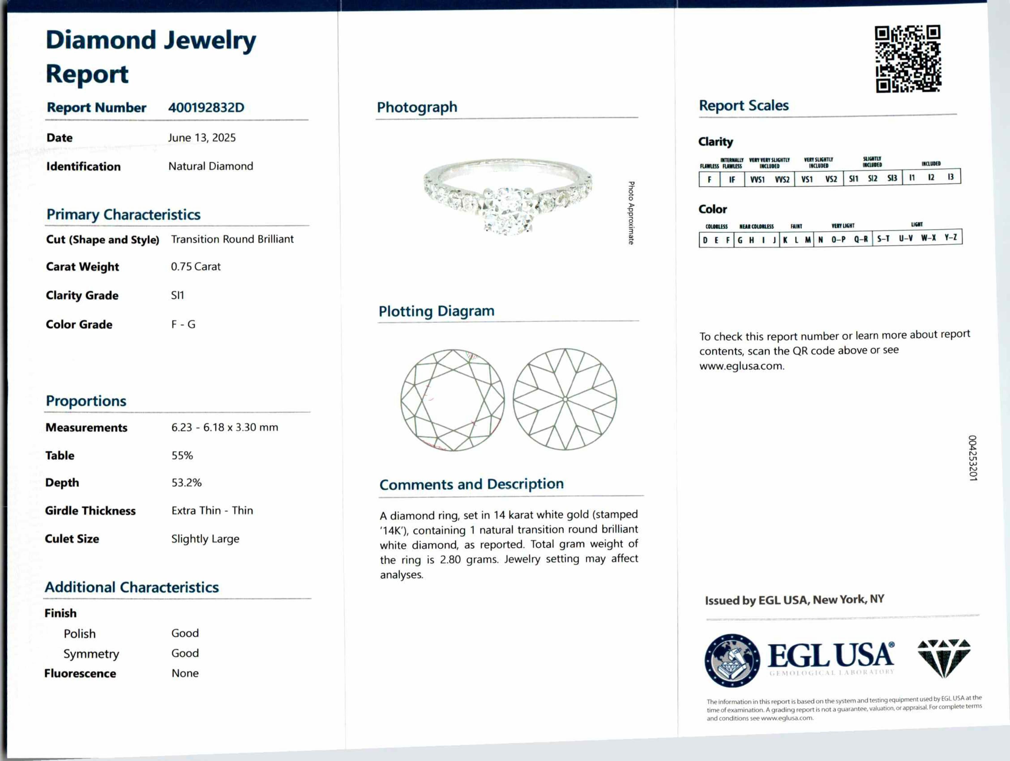 Bague de fiançailles en or blanc certifiée EGL et ornée d'un diamant de 0,75 carat Excellent état - En vente à Stamford, CT