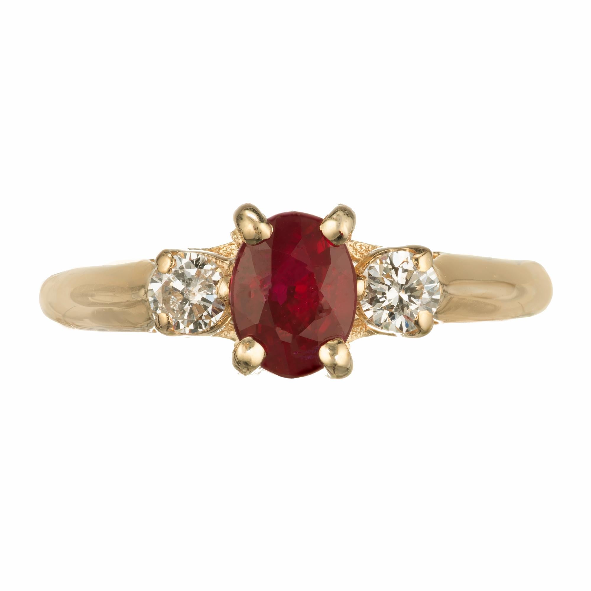 Women's EGL Certified .76 Carat Ruby Diamond Yellow Gold Three-Stone Engagement Ring