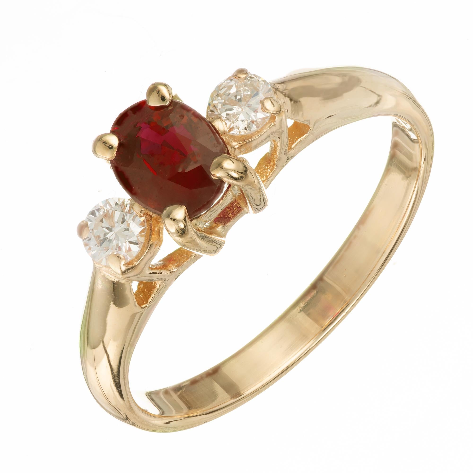 EGL Certified .76 Carat Ruby Diamond Yellow Gold Three-Stone Engagement Ring