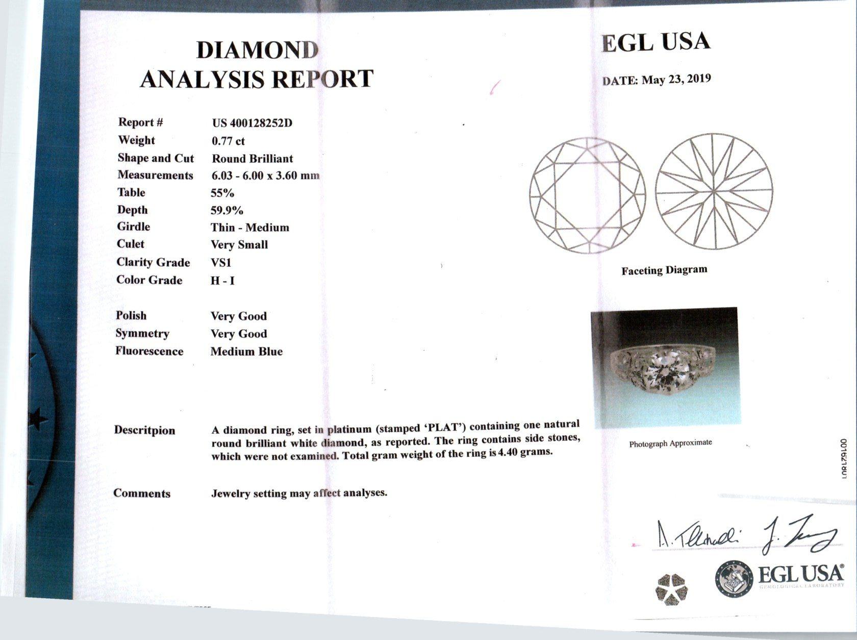 EGL Certified .77 Carat Diamond Platinum Art Deco Engagement Ring 2