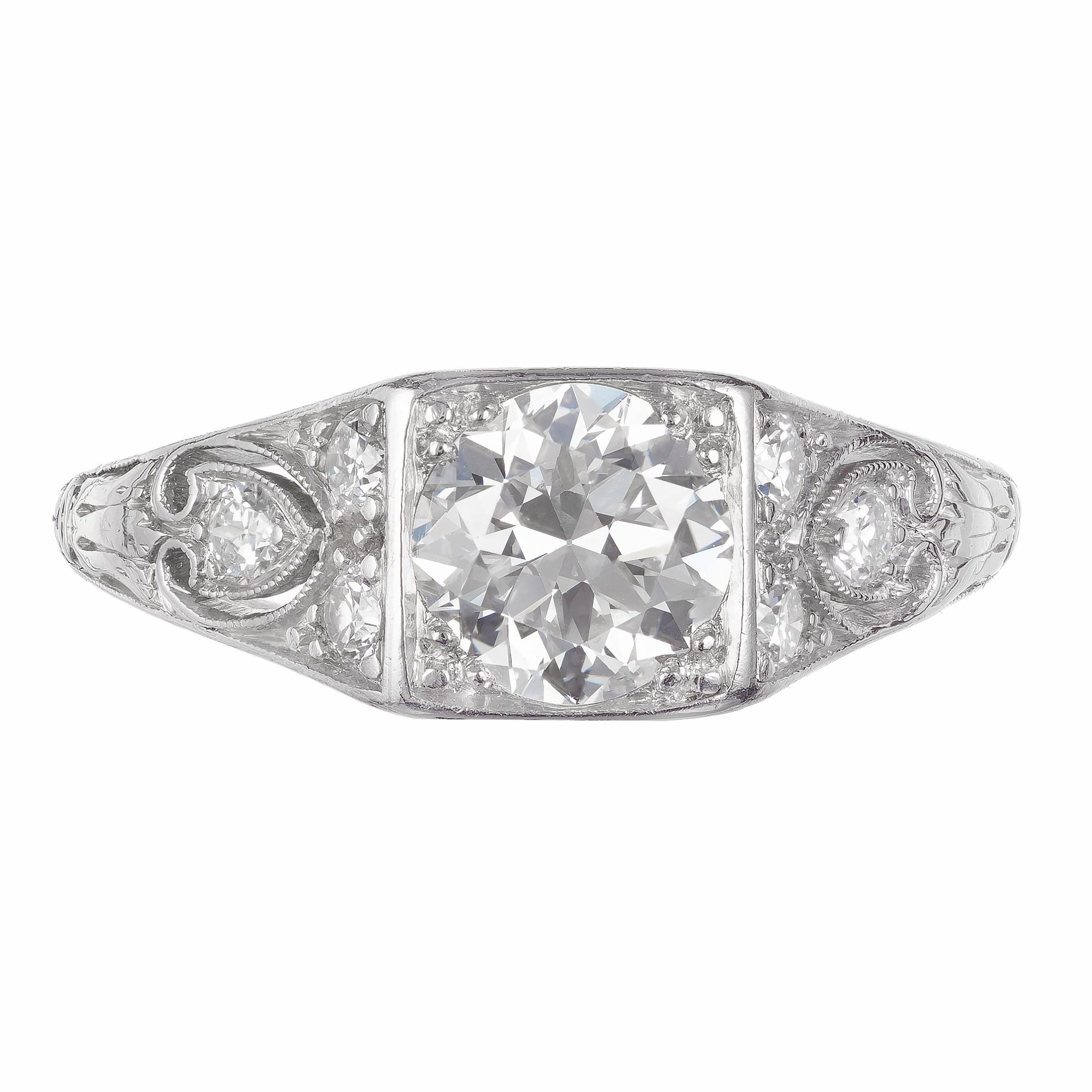 .80 diamond engagement ring. Pierced filigree Edwardian Art Deco old European cut center diamond with 6 old European cut accent diamonds.  EGL certified. 

1 old European cut K-L VS diamond, Approximate .80ct EGL Certificate # US400124924D
6 old