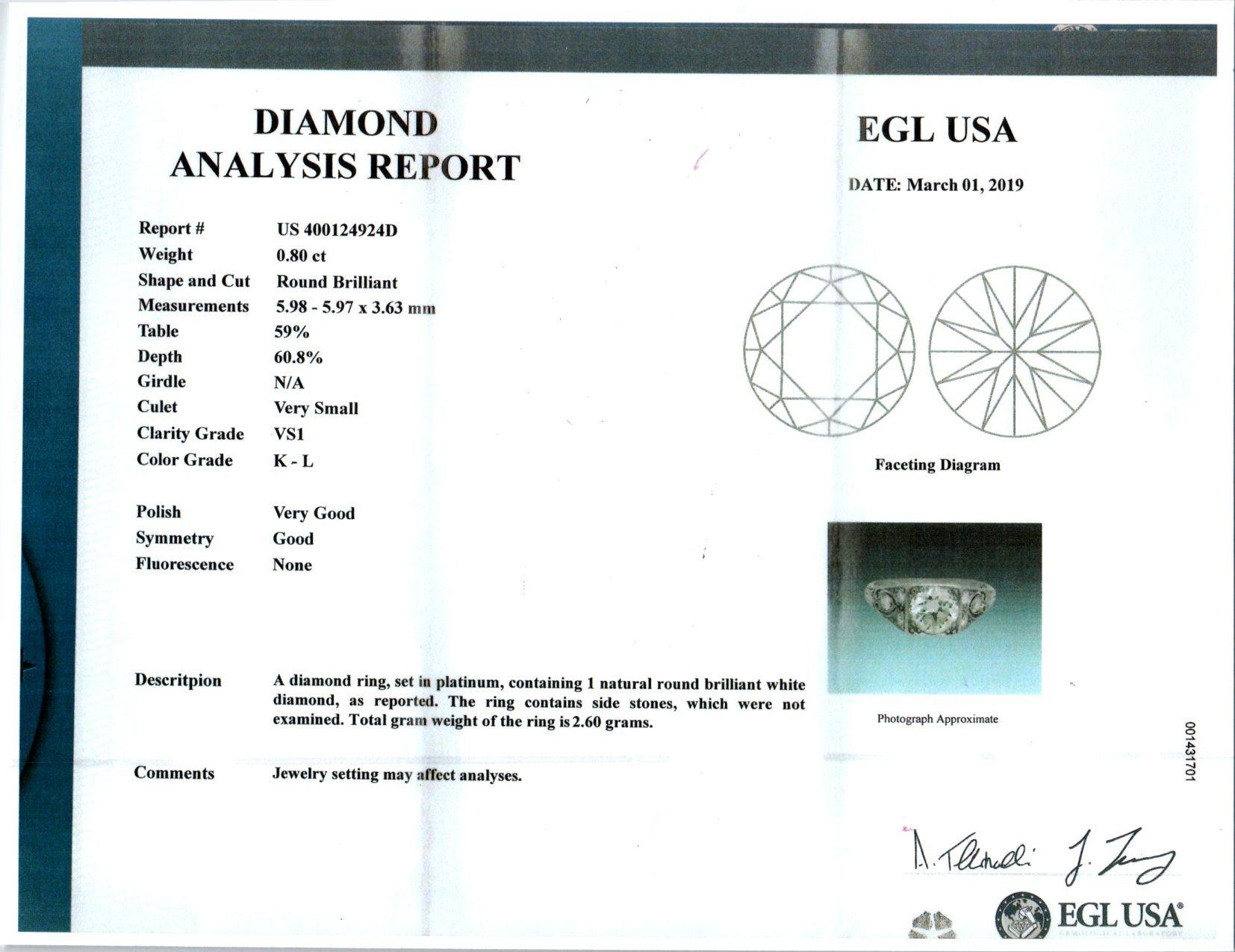 EGL Certified .80 Carat Diamond Platinum Edwardian Art Deco Engagement Ring For Sale 2