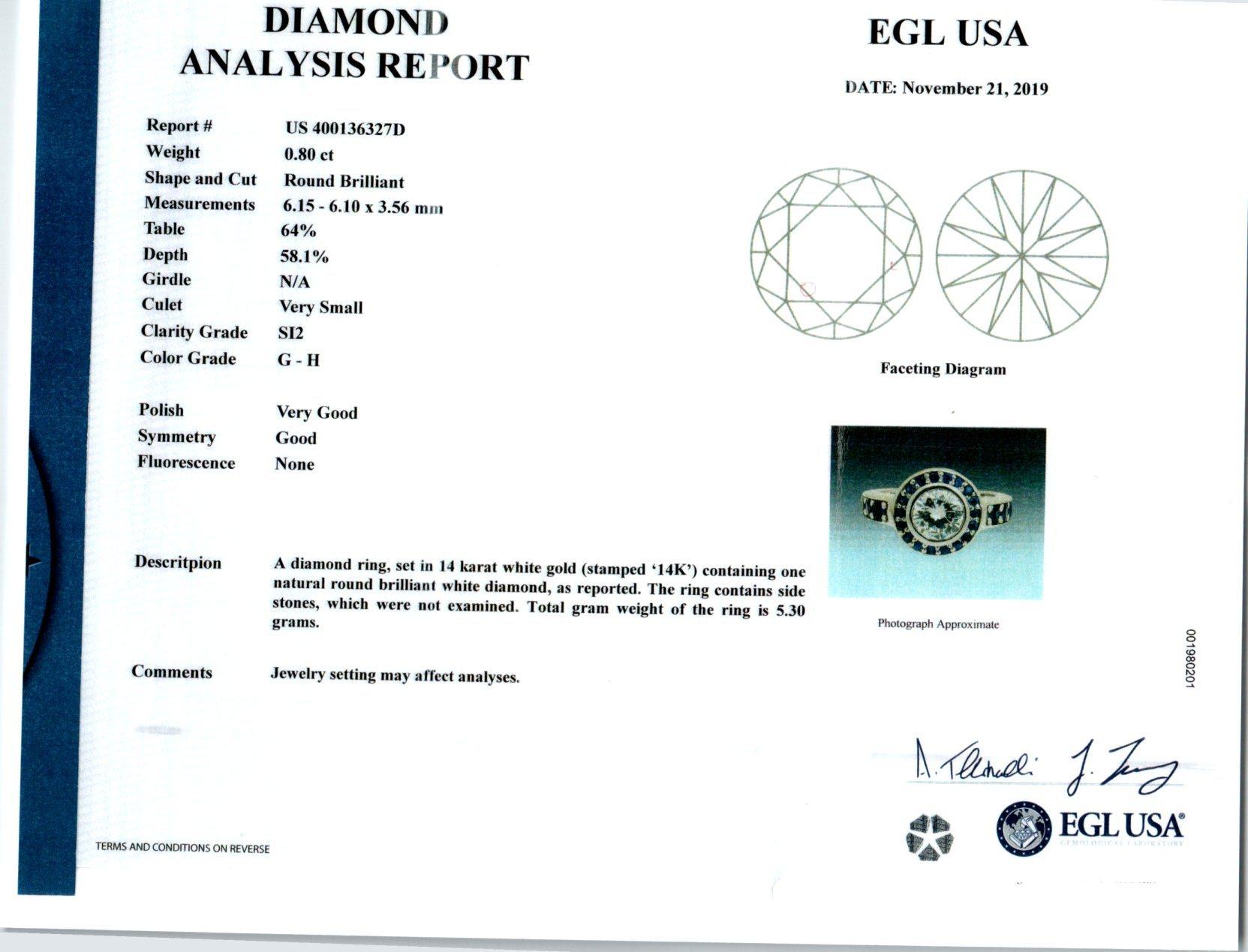EGL Certified .80 Carat Diamond Sapphire White Gold Engagement Ring 2