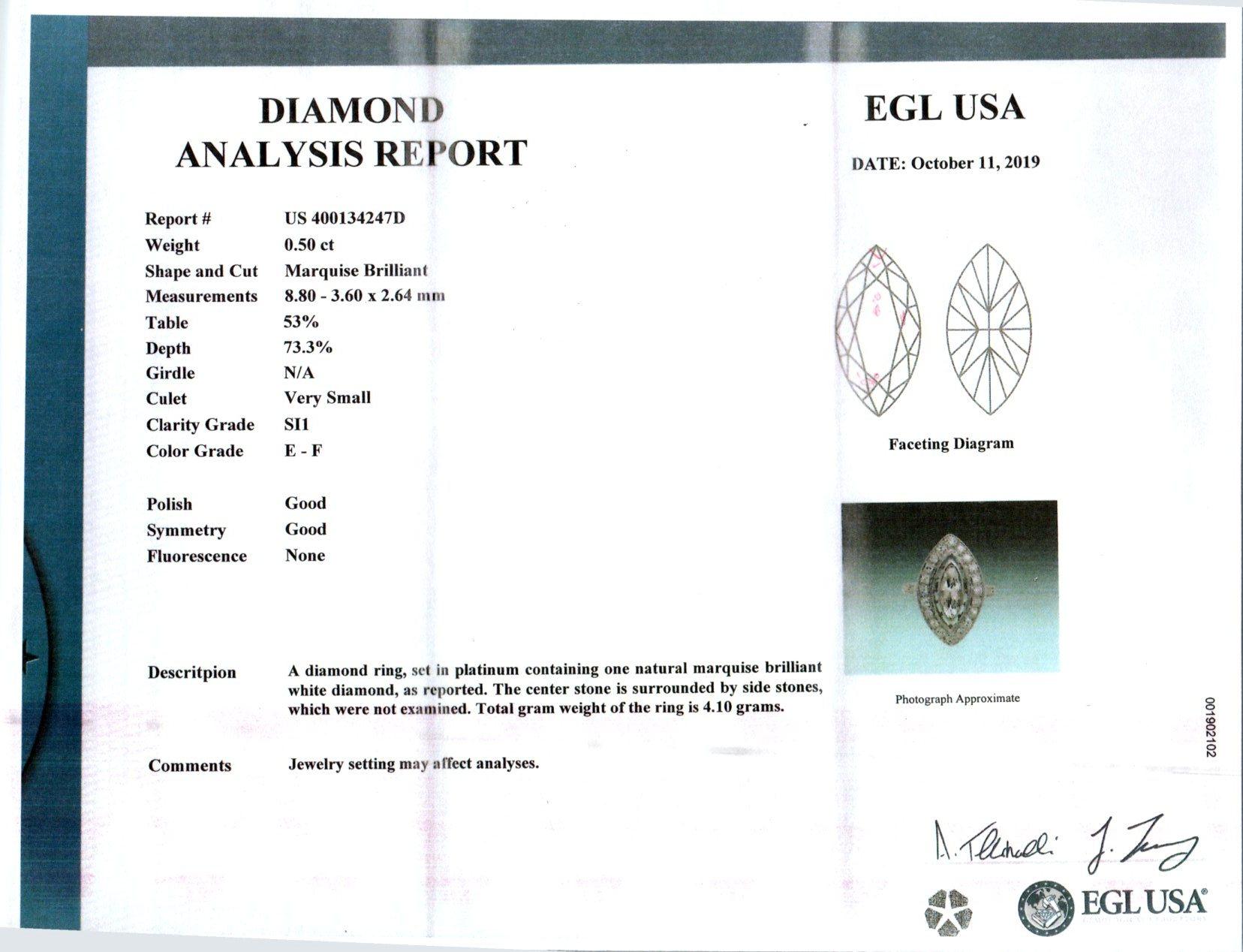 EGL Certified .80 Carat Marquise Diamond Platinum Halo Ring In Excellent Condition In Stamford, CT