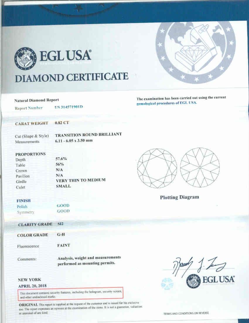 Round Cut EGL Certified .82 Carat Diamond Platinum Engagement Ring For Sale