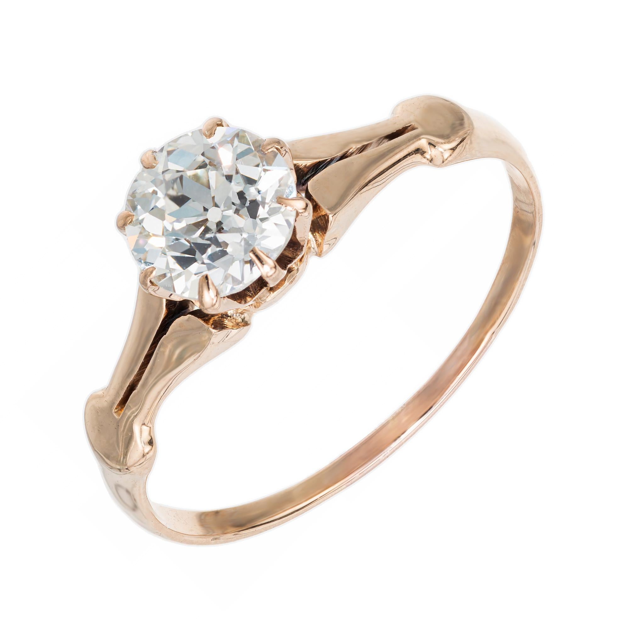 Original 1890's rose gold diamond engagement ring. EGL certified Old European cut .82 carat center diamond, mounted in a 14k rose gold eight prong setting.  EGL certified as I, near colorless. Perfect example of a timeless turn of the century