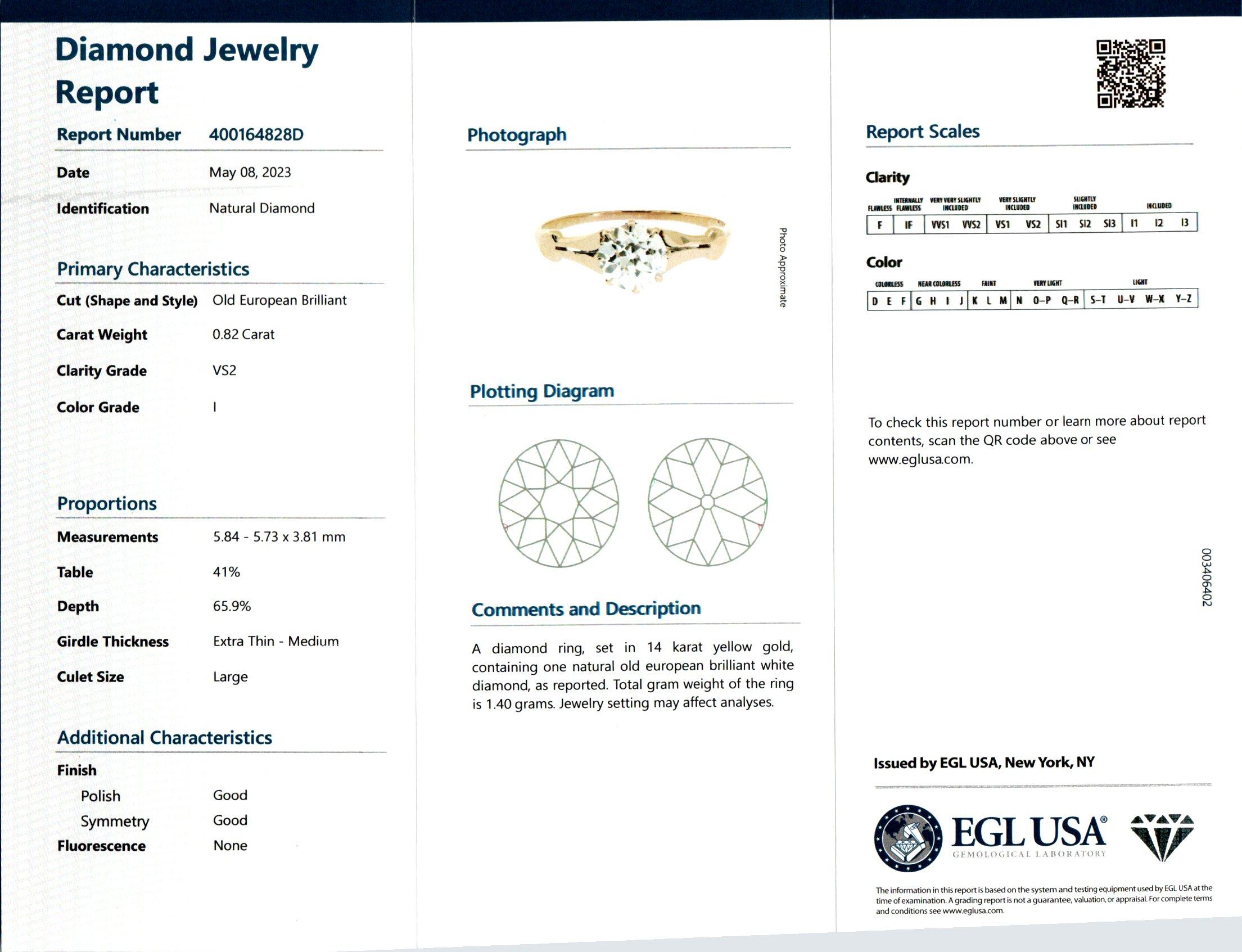 Old European Cut EGL Certified .82 Carat Old European Diamond Antique Rose Gold Engagement Ring  For Sale