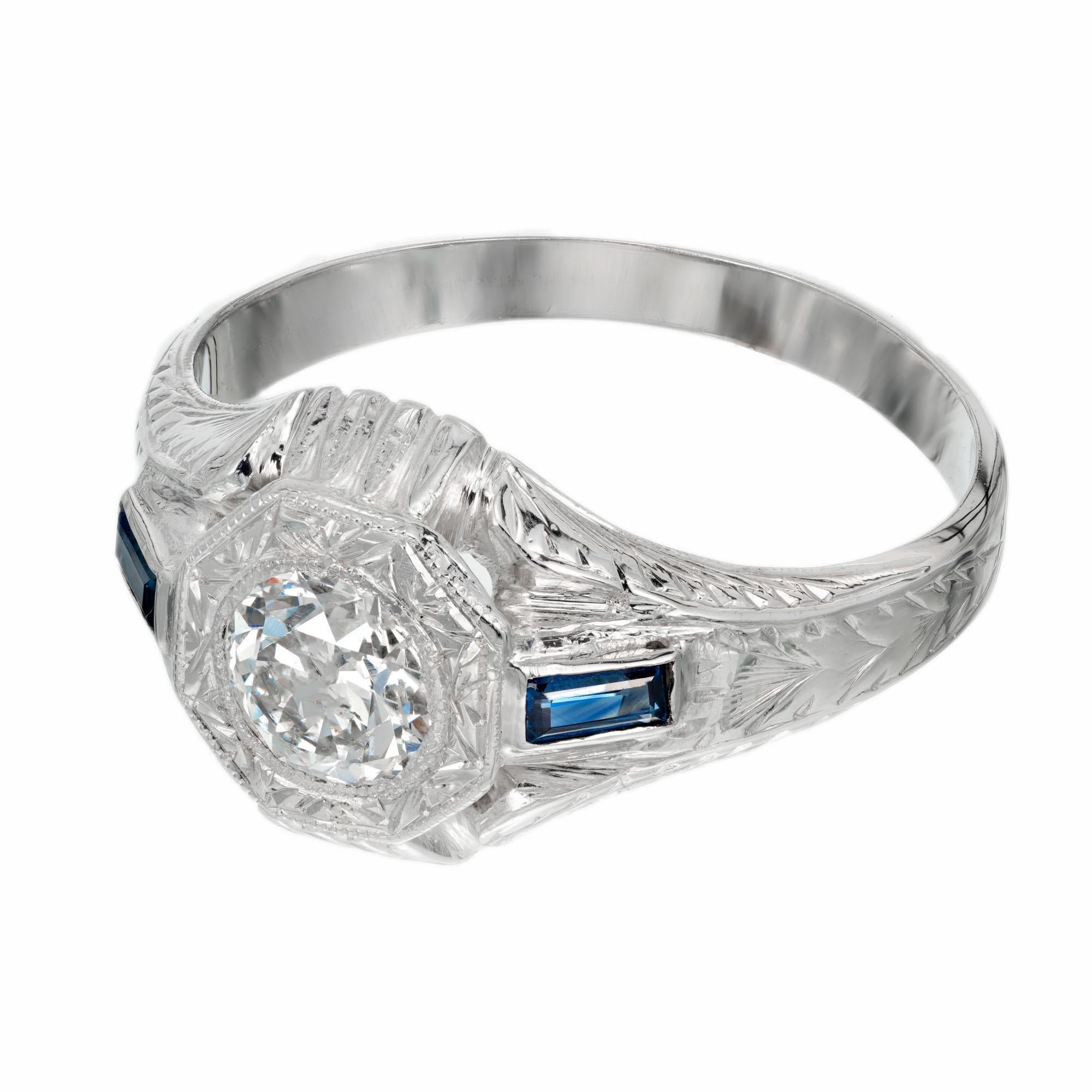 Old European Cut EGL Certified .84 Carat Diamond Sapphire White Gold Men's Ring For Sale