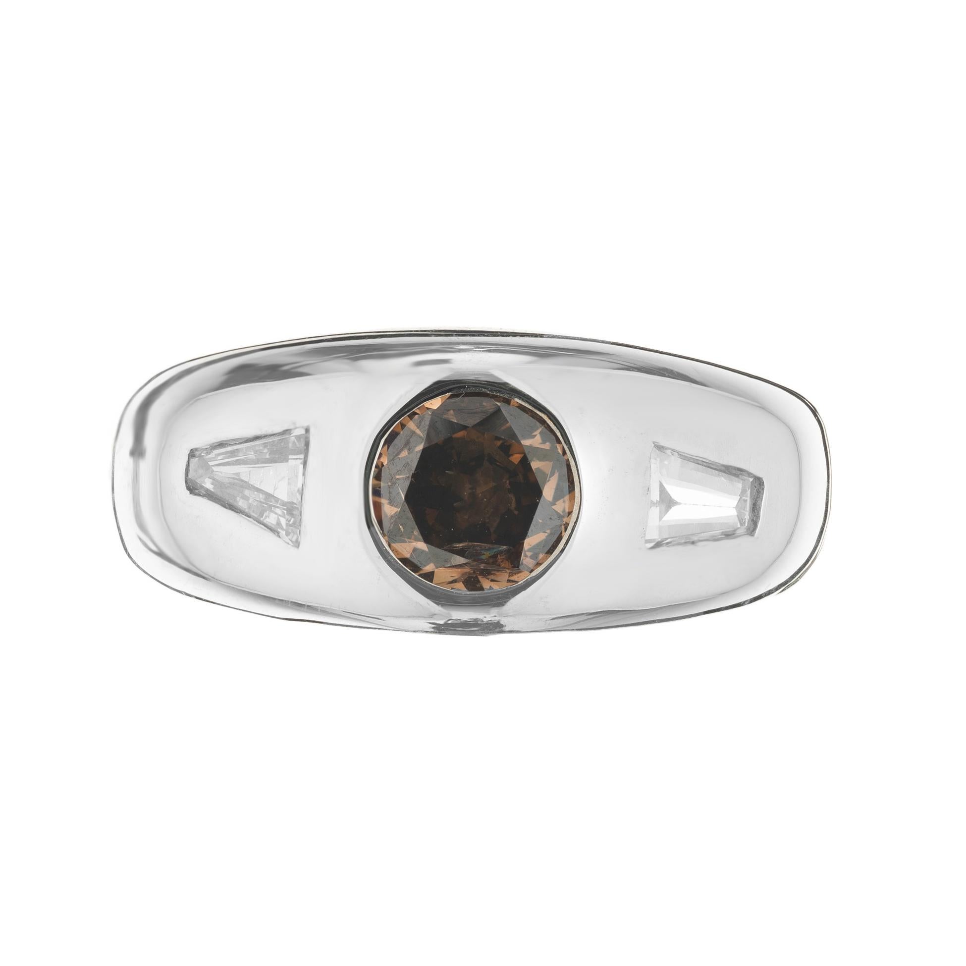 Round Cut EGL Certified .85 Carat Yellow Brown Diamond White Gold Mens Ring For Sale