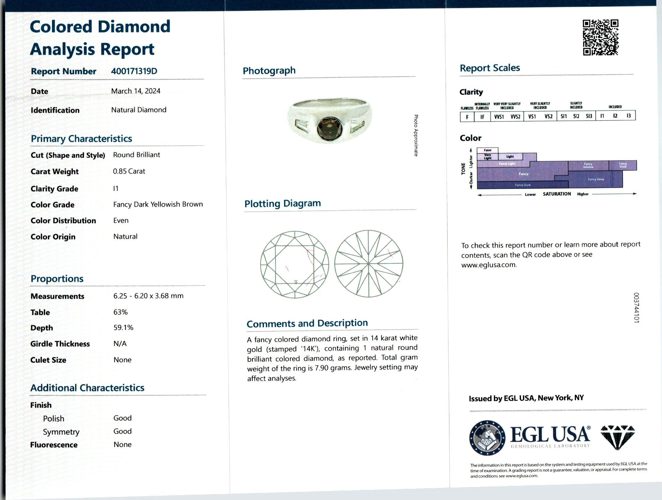 EGL Certified .85 Carat Yellow Brown Diamond White Gold Mens Ring In Good Condition For Sale In Stamford, CT