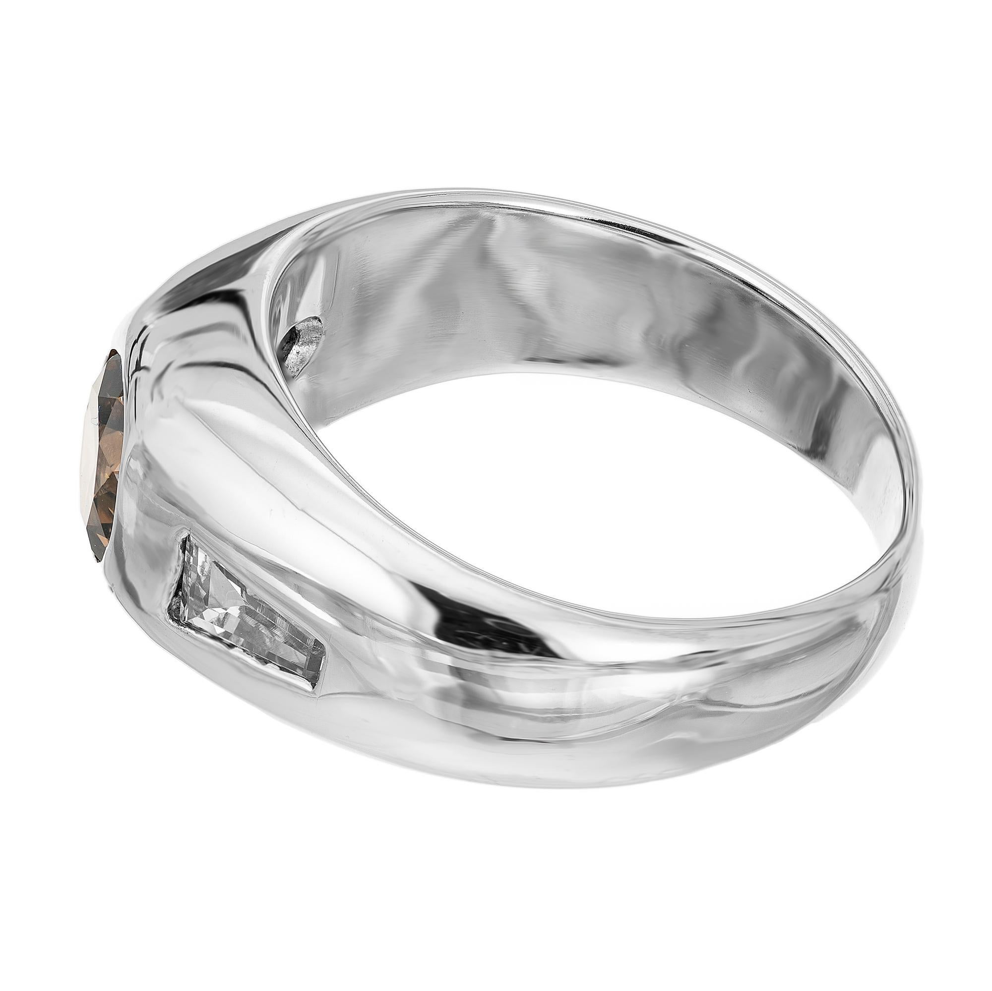Men's EGL Certified .85 Carat Yellow Brown Diamond White Gold Mens Ring For Sale