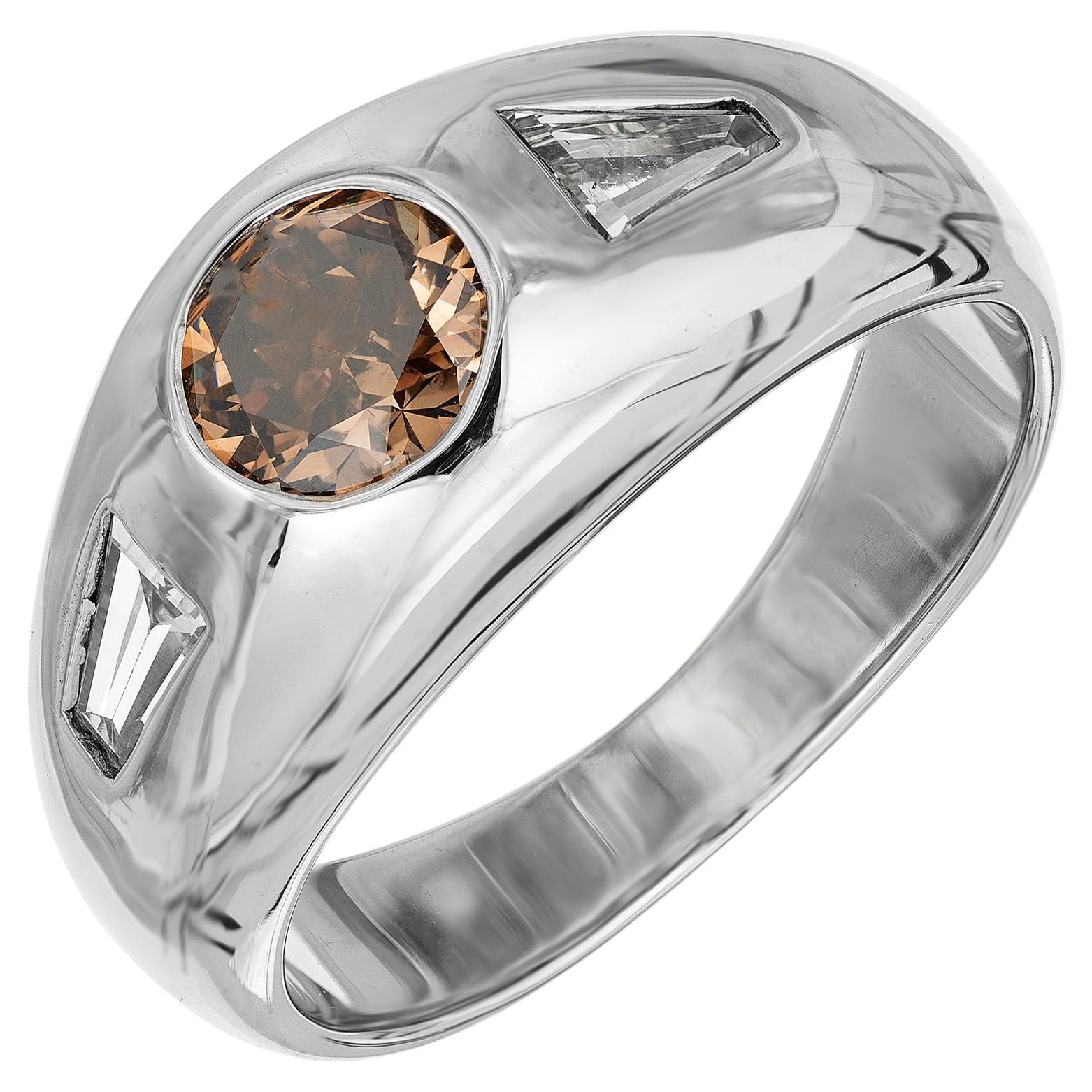 EGL Certified .85 Carat Yellow Brown Diamond White Gold Mens Ring For Sale